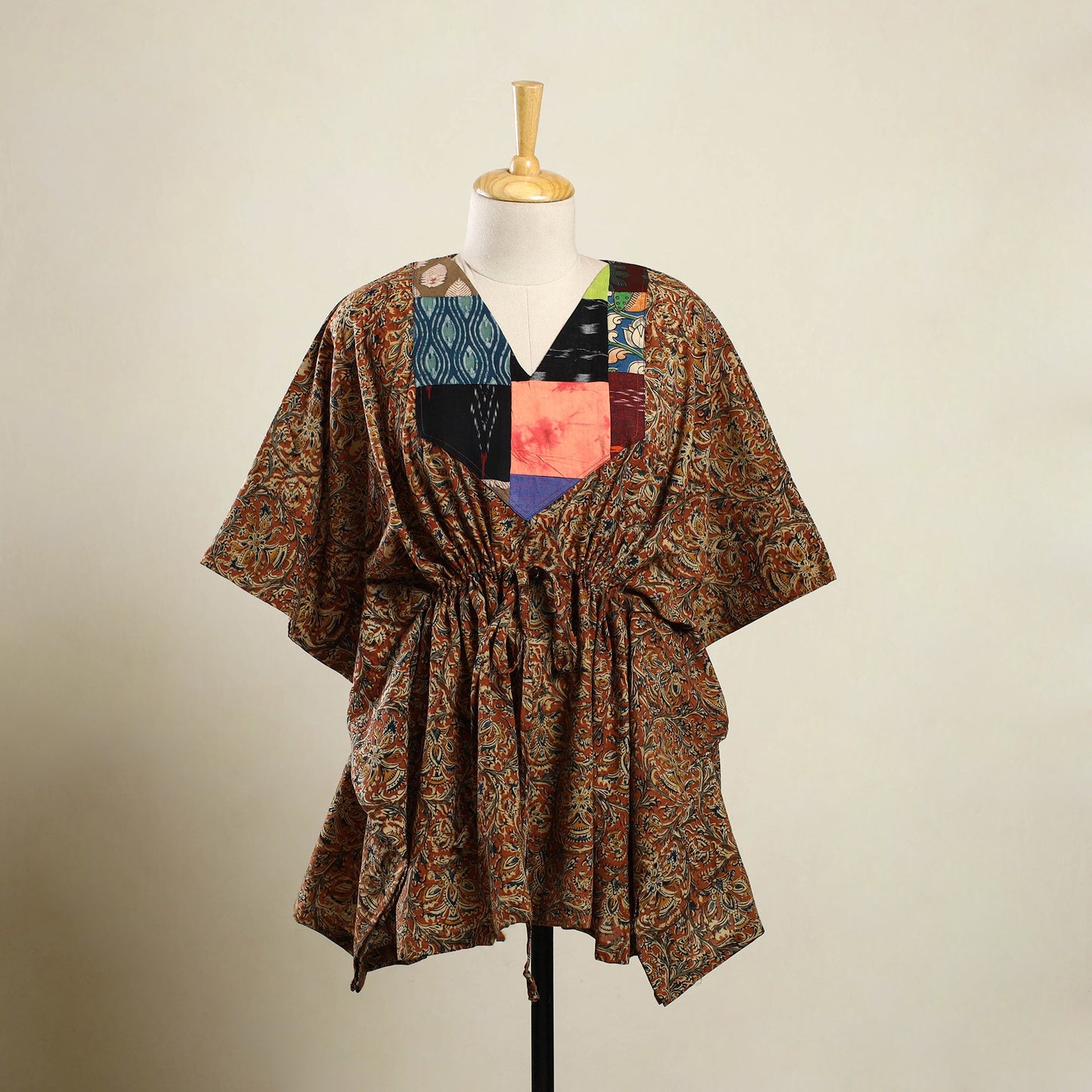 Buy Orange Kalamkari Block Print Patchwork Cotton Kaftan