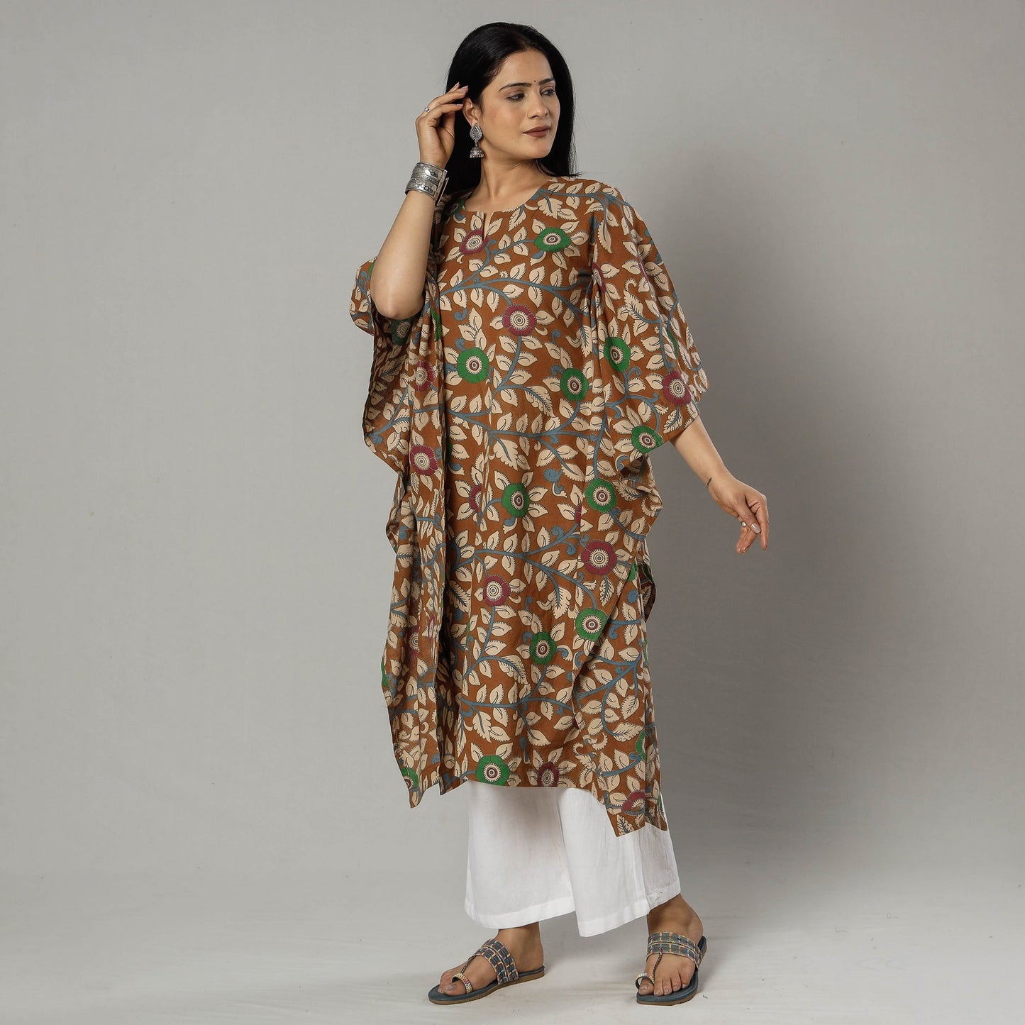 Cornflower Blue Kalamkari Print Cotton Kaftan Kurta For Women