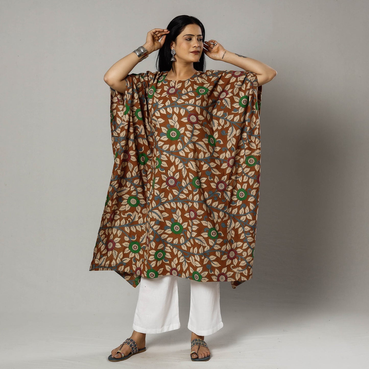 Cornflower Blue Kalamkari Print Cotton Kaftan Kurta For Women