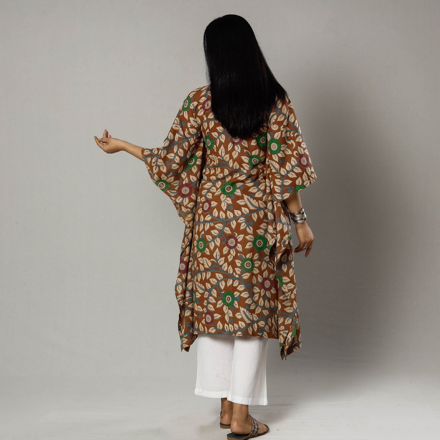 Cornflower Blue Kalamkari Print Cotton Kaftan Kurta For Women