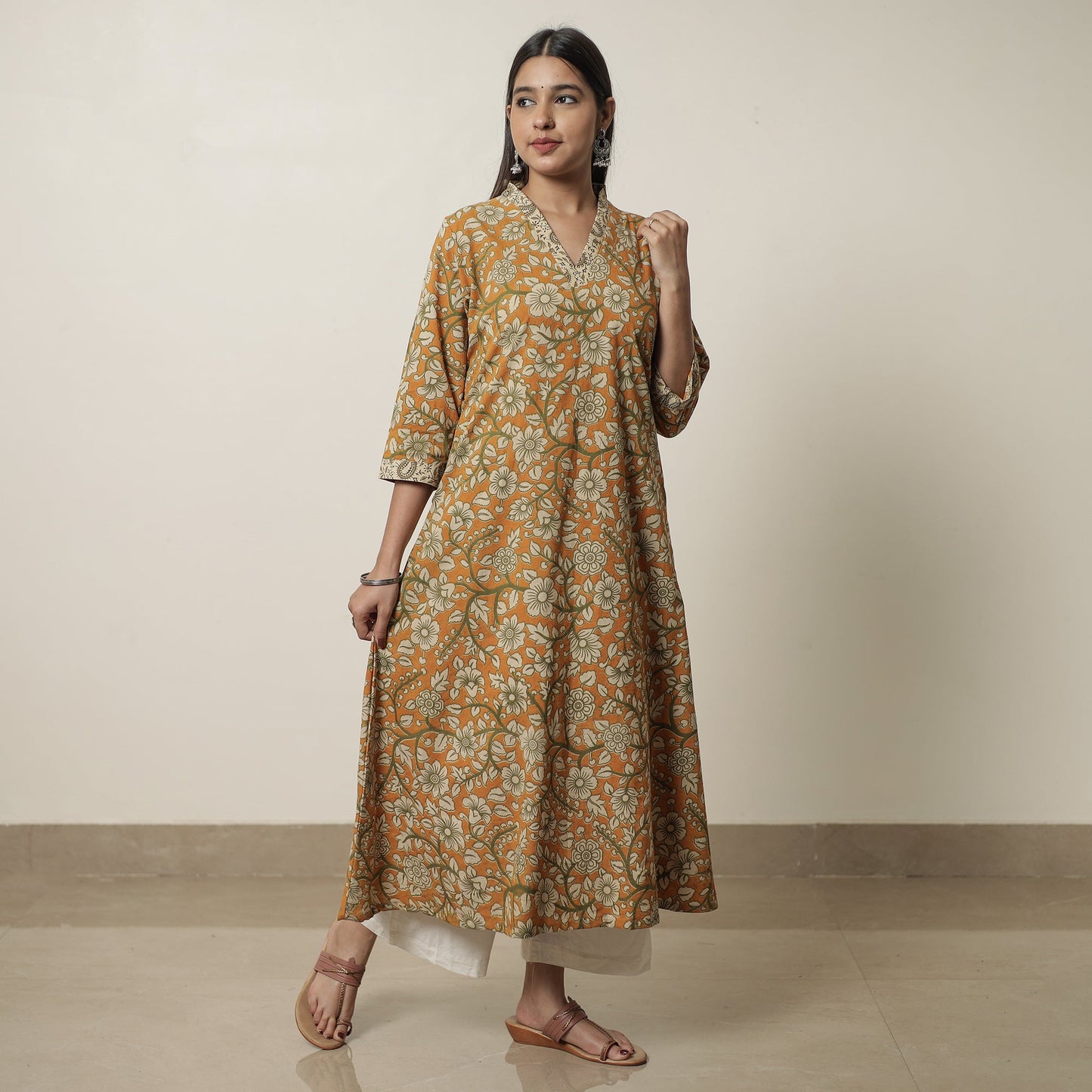 Kalamkari Printed Cotton A-Line Kurta For Women
