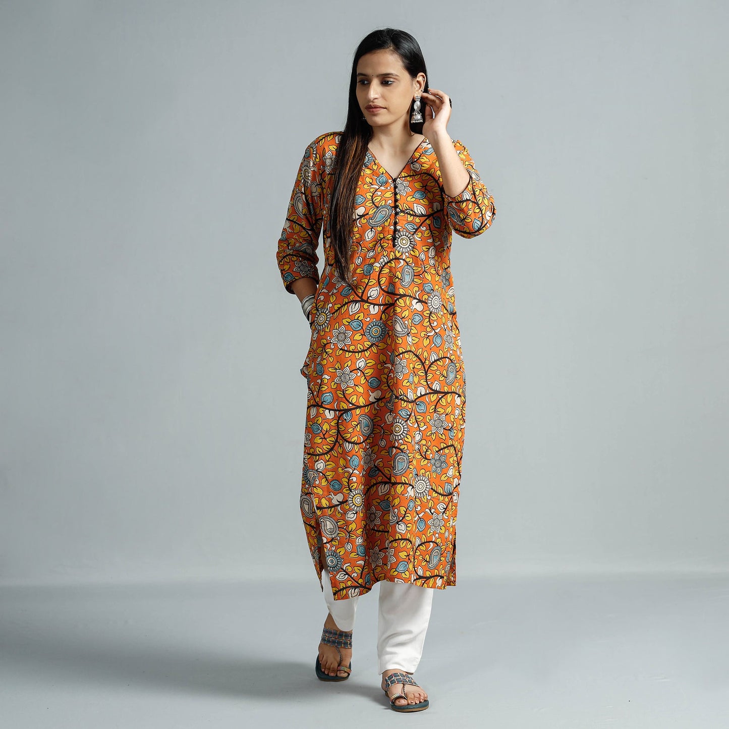 Kalamkari Printed Cotton Straight Kurta For Women