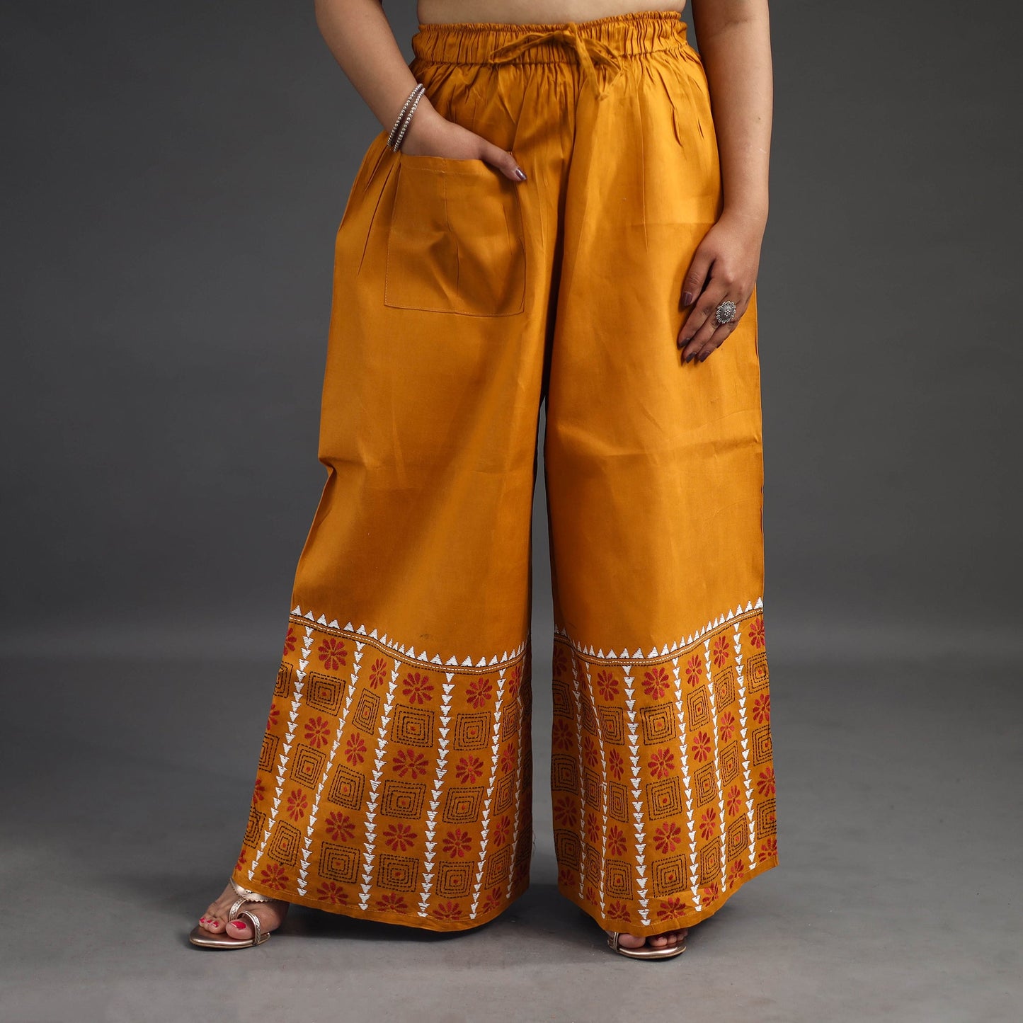 Buy Orange Kantha Hand Embroidery Palazzo in Cotton