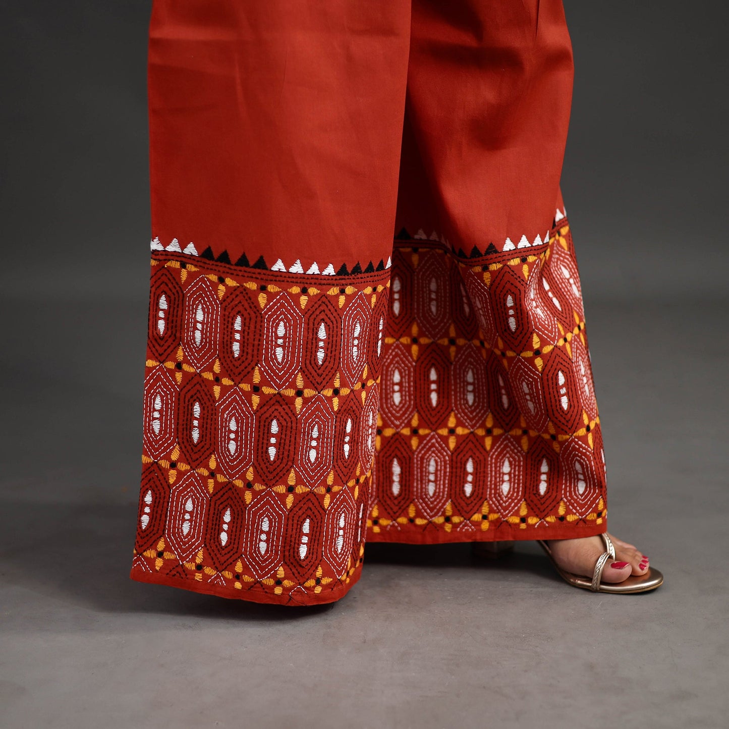 Orange Kantha Hand Embroidery Palazzo in Cotton