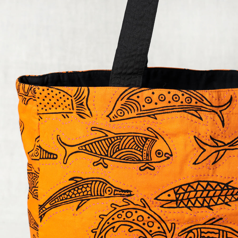 Kantha Work Block Print Cotton Shoulder Bag