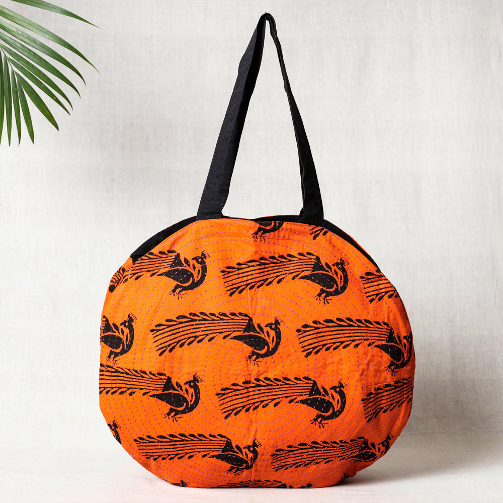 Kantha Work Block Print Cotton Shoulder Bag