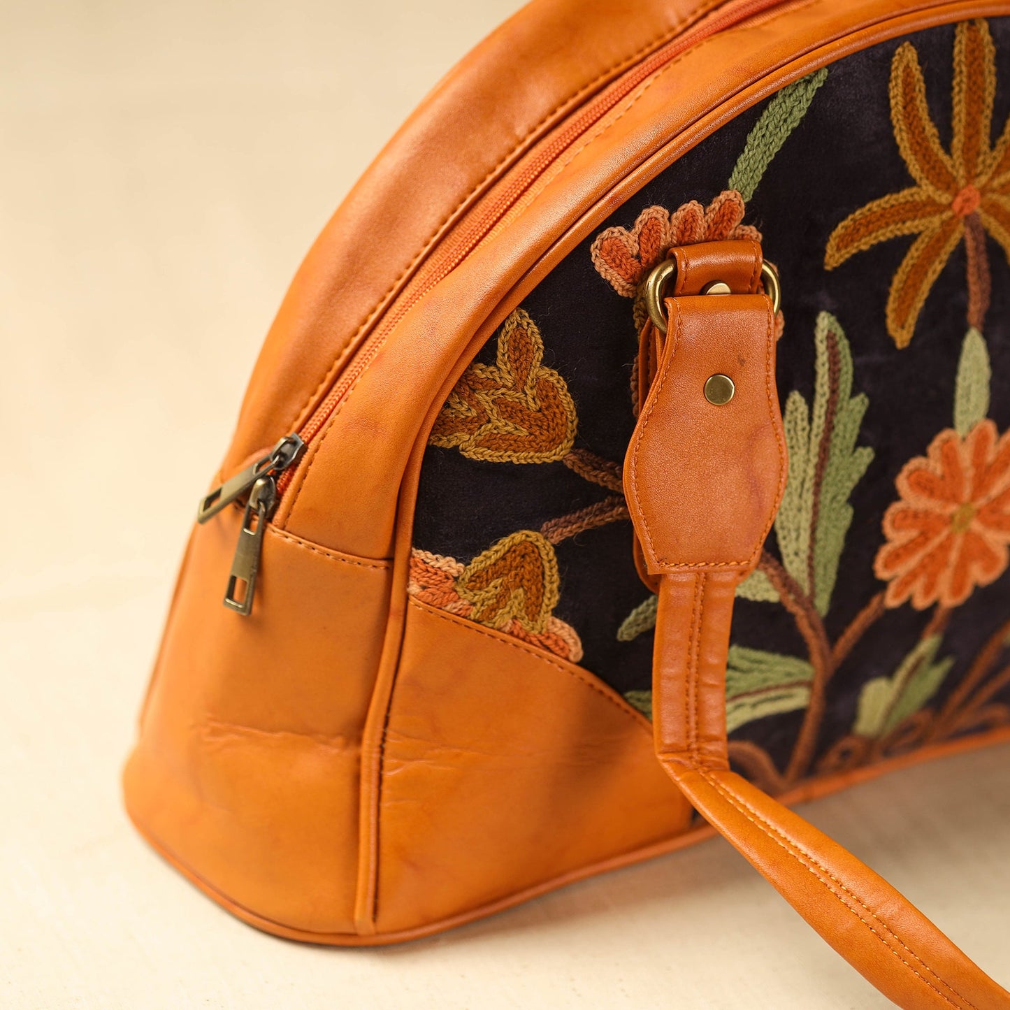 Orange Kashmiri Crewel Hand Embroidered Leather Handbag