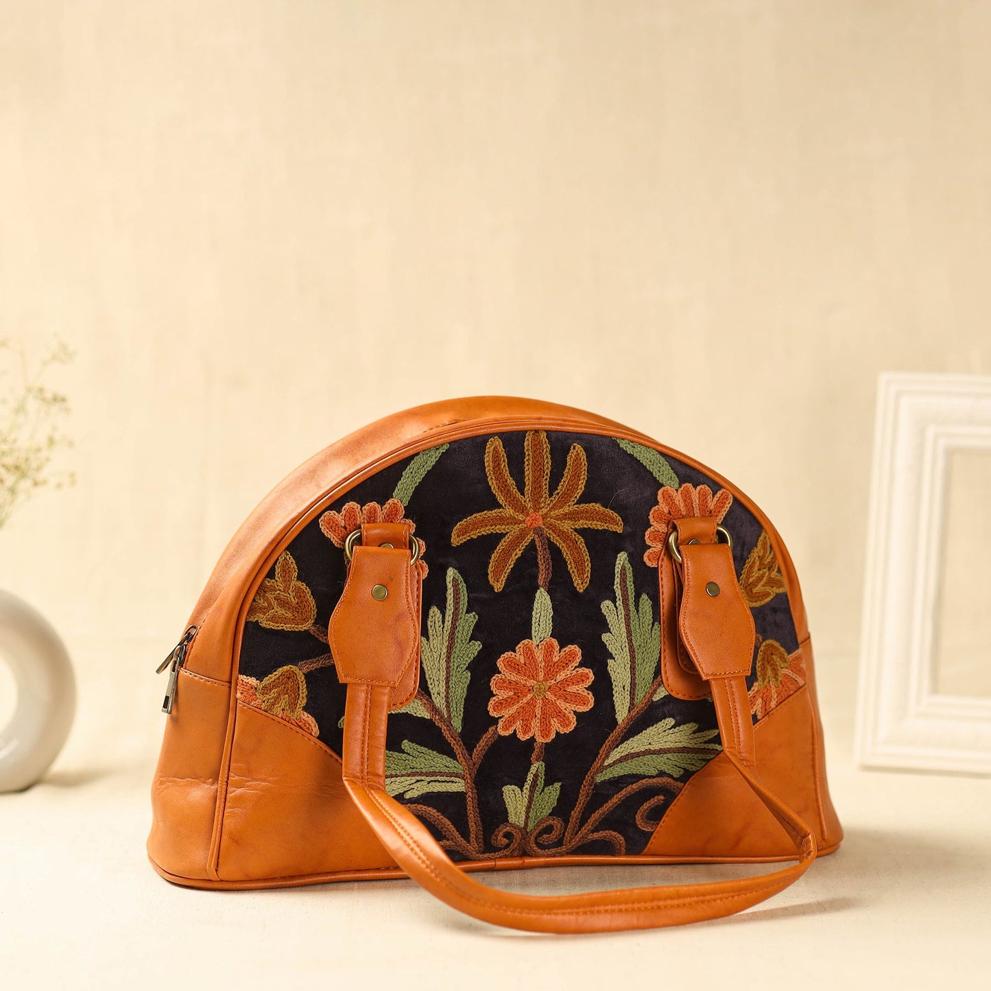 Orange Kashmiri Crewel Hand Embroidered Leather Handbag