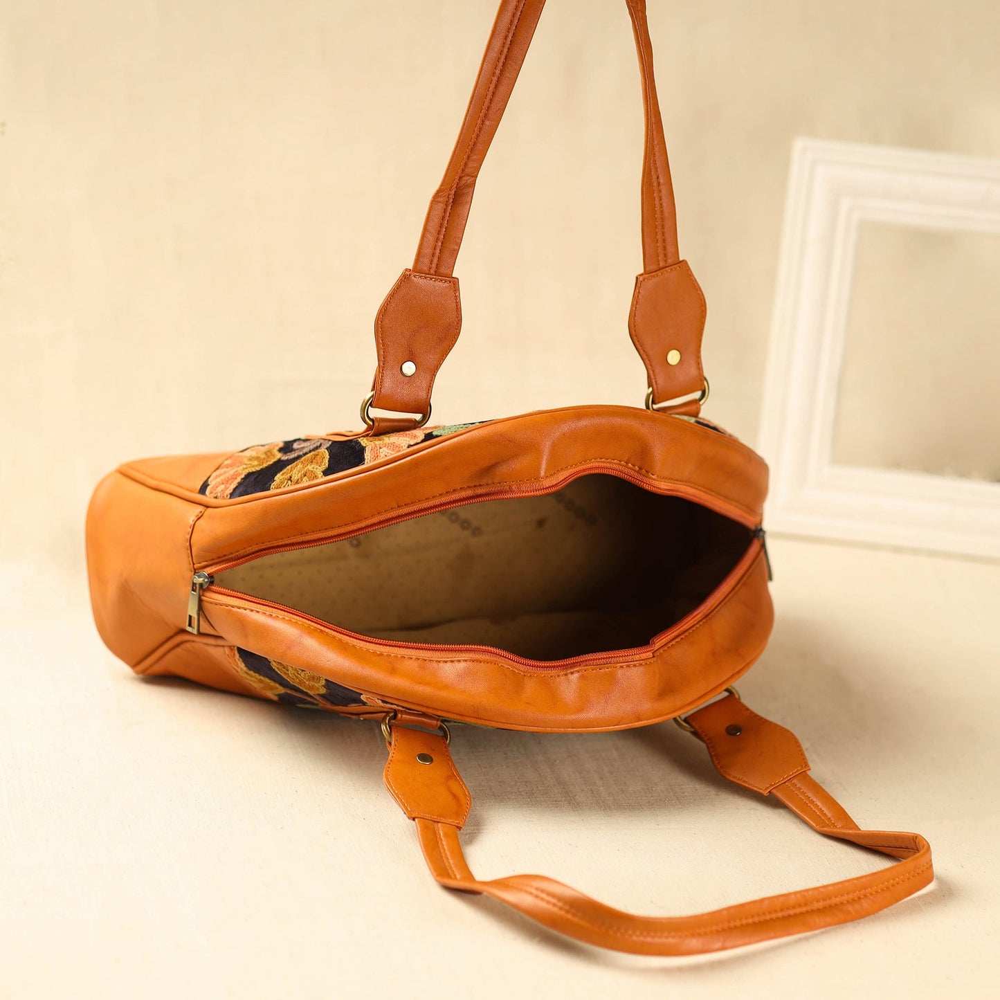 Orange Kashmiri Crewel Hand Embroidered Leather Handbag