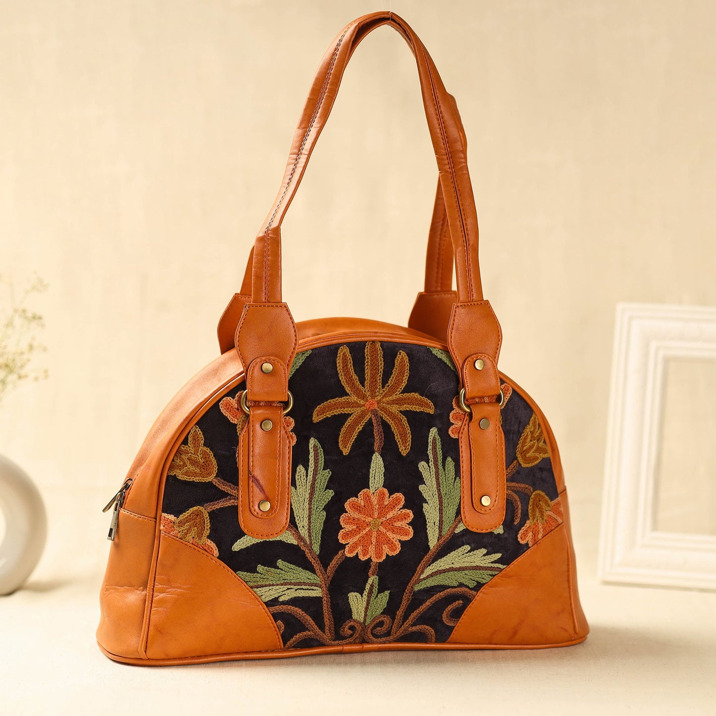Orange Kashmiri Crewel Hand Embroidered Leather Handbag
