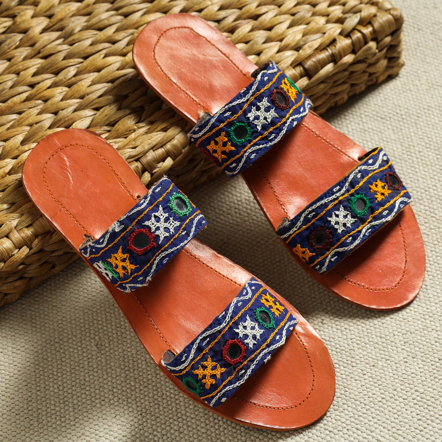 Orange Kutch Embroidery Handstitched Leather Flat Slippers