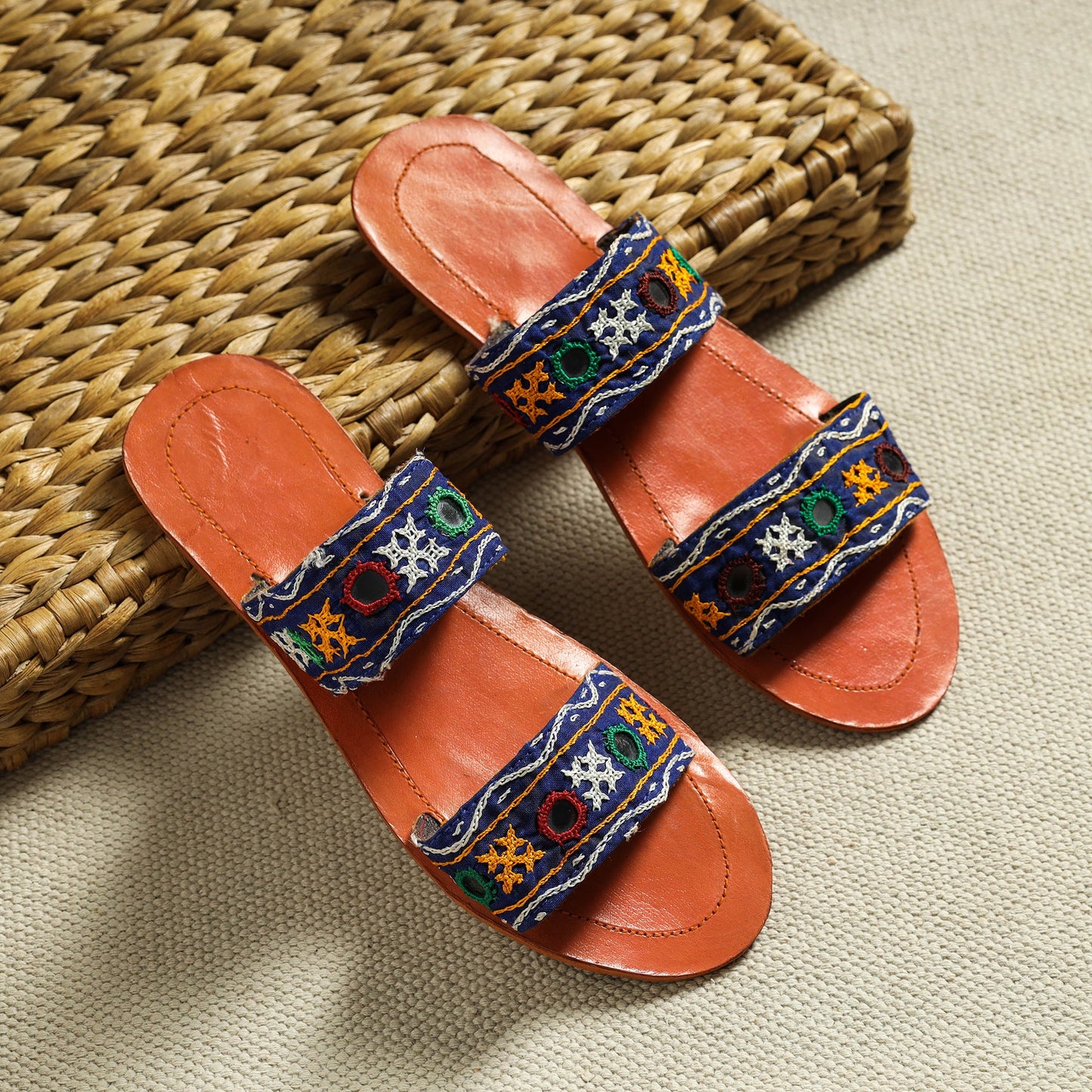 Orange Kutch Embroidery Handstitched Leather Flat Slippers