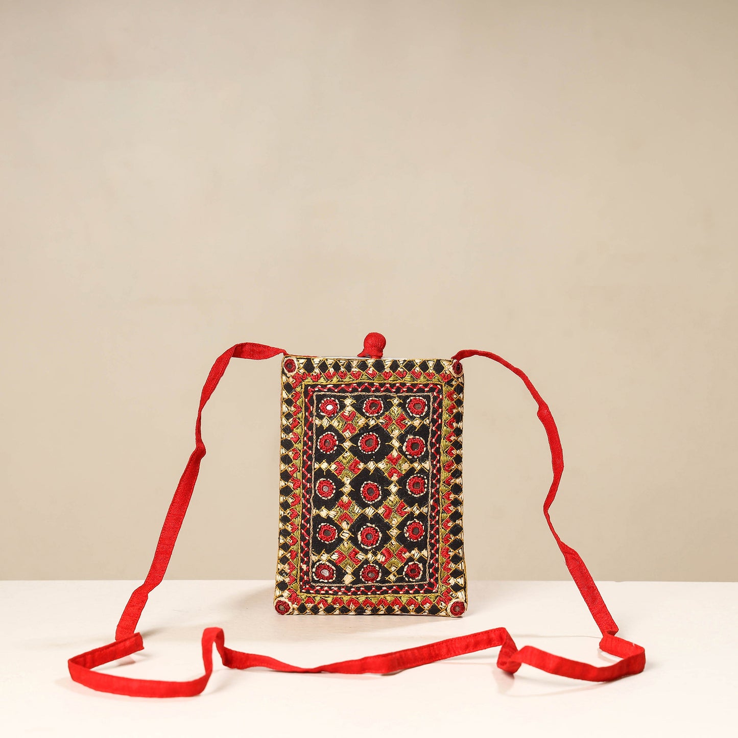 Orange Kutch Neran Embroidery Mashru Silk Mobile Sling Bag