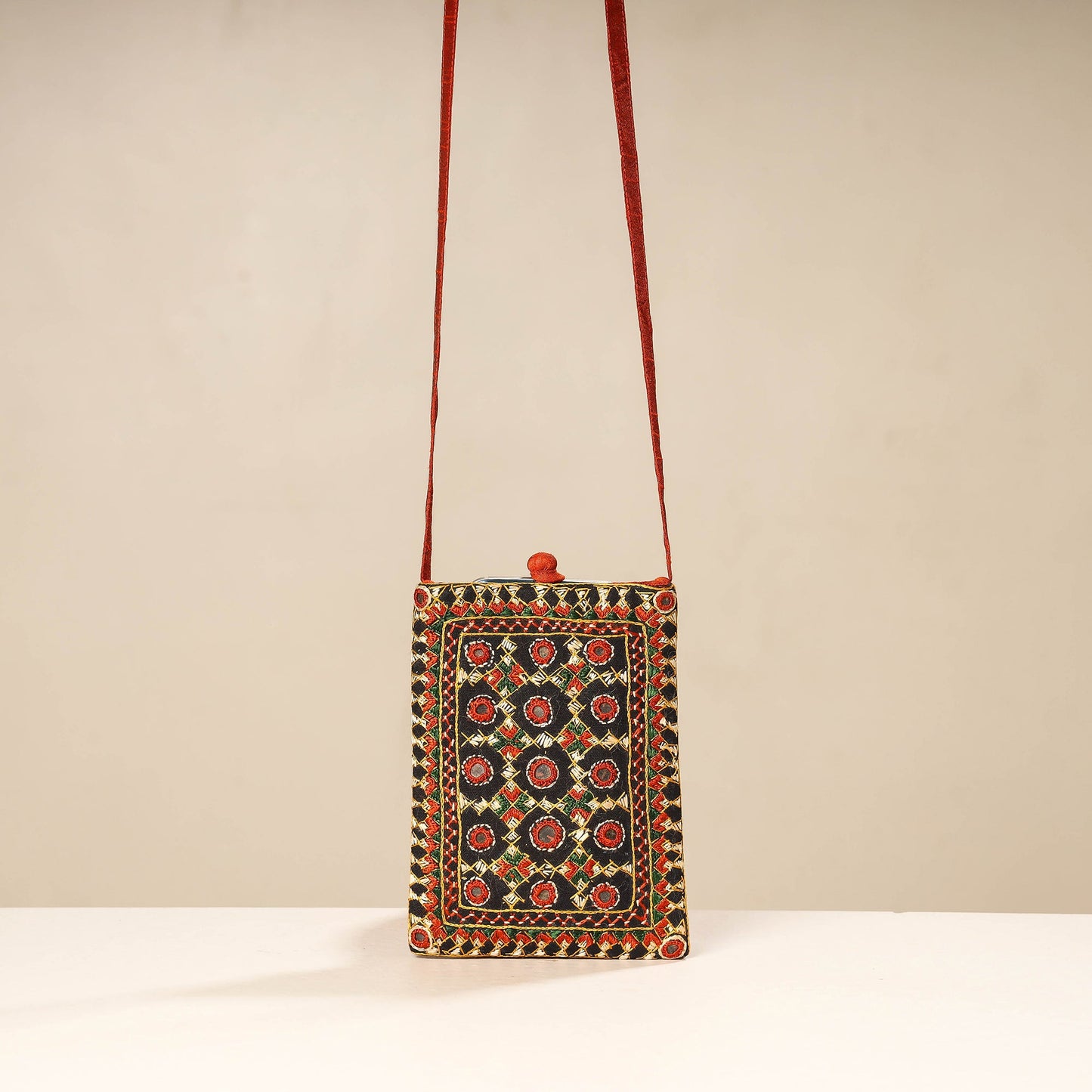 Orange Kutch Neran Embroidery Mashru Silk Mobile Sling Bag