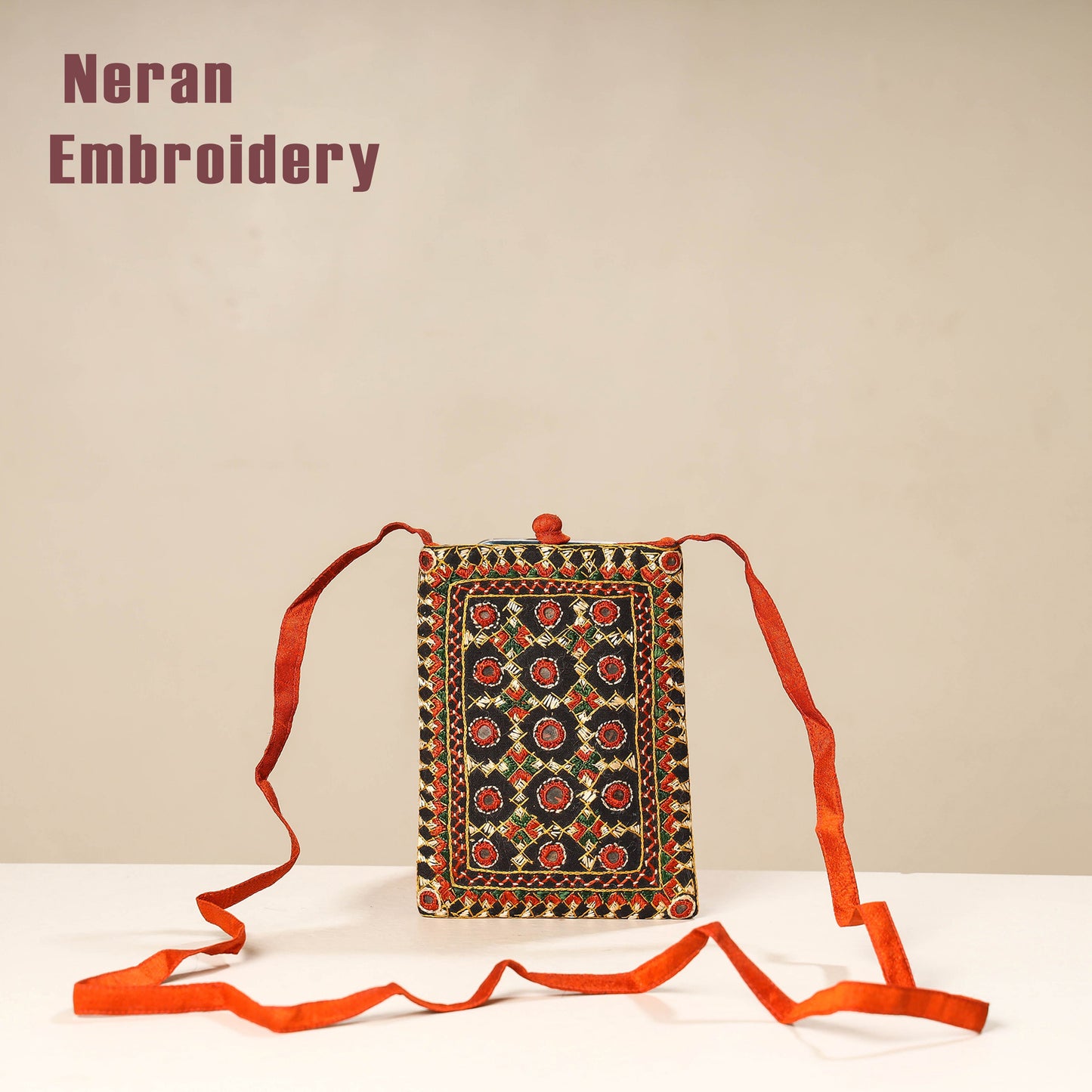 Orange Kutch Neran Embroidery Mashru Silk Mobile Sling Bag