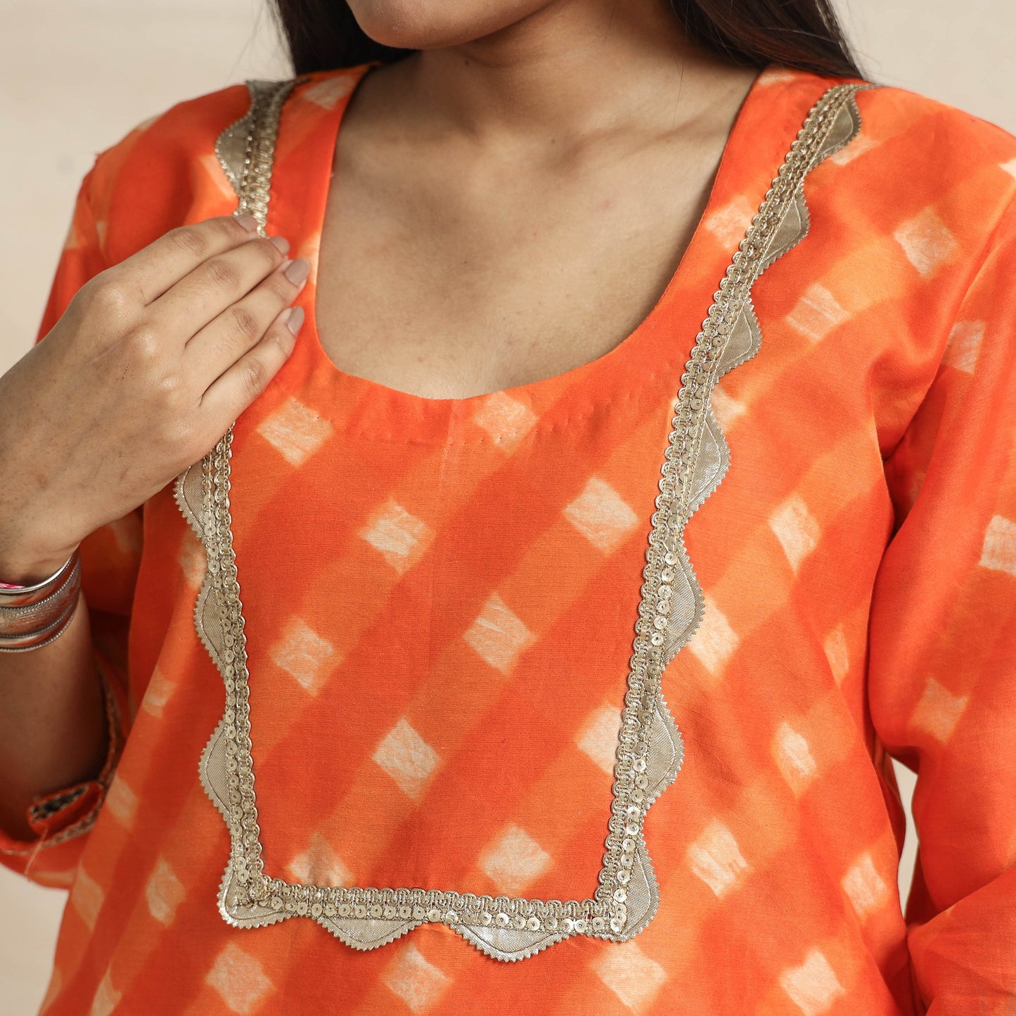 Leheriya Tie-Dye Chanderi Silk Kurta with Lace Work