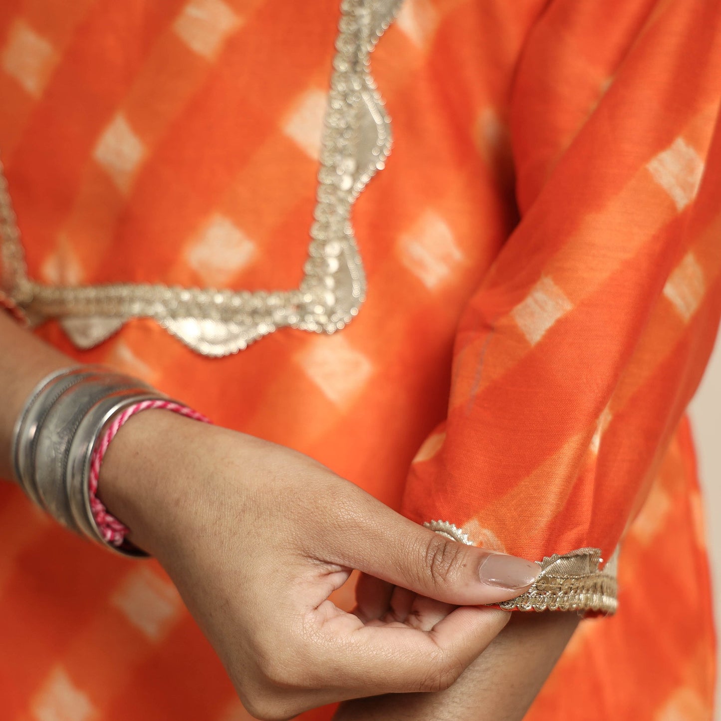 Leheriya Tie-Dye Chanderi Silk Kurta with Lace Work