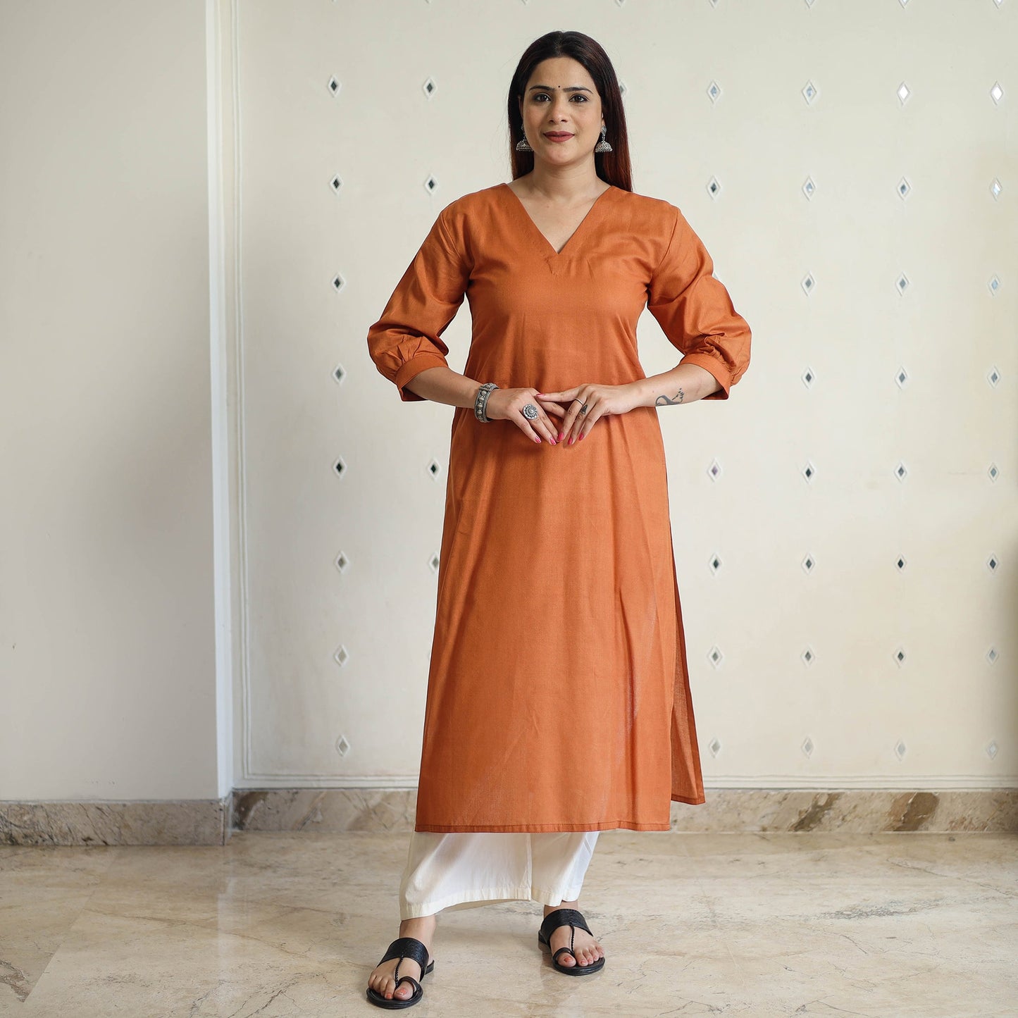 Orange - linen viscose plain long straight kurta 15