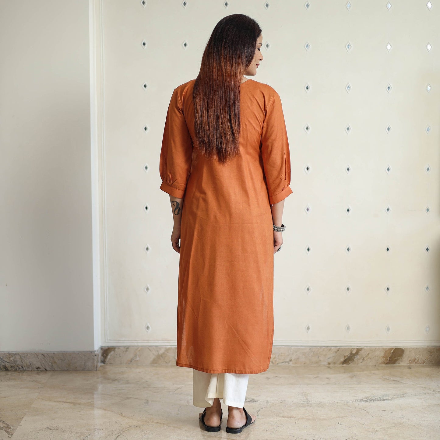 Orange - linen viscose plain long straight kurta 15