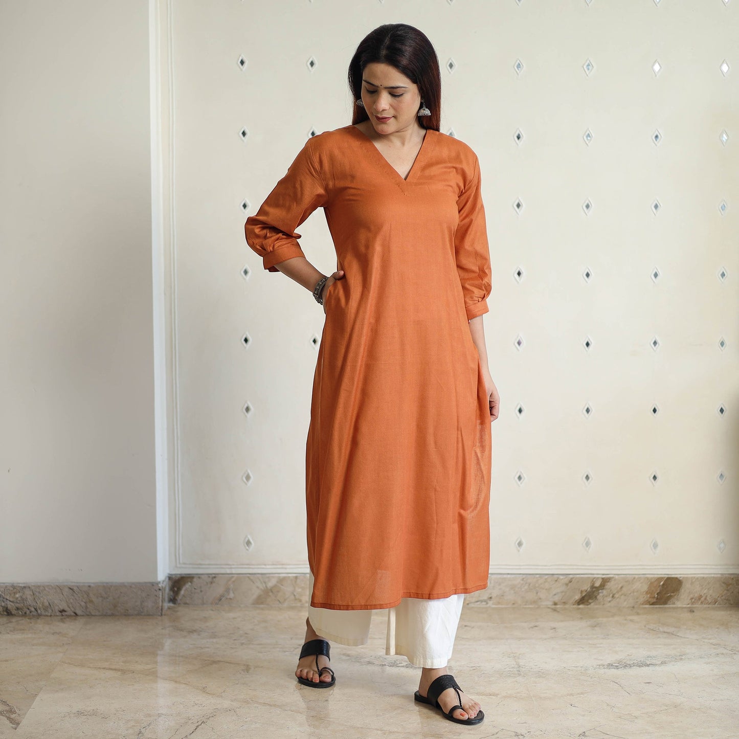 Orange - linen viscose plain long straight kurta 15