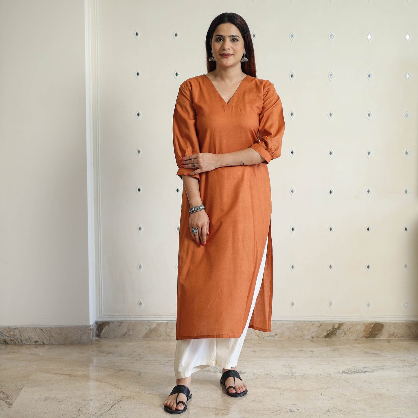 Orange - linen viscose plain long straight kurta 15