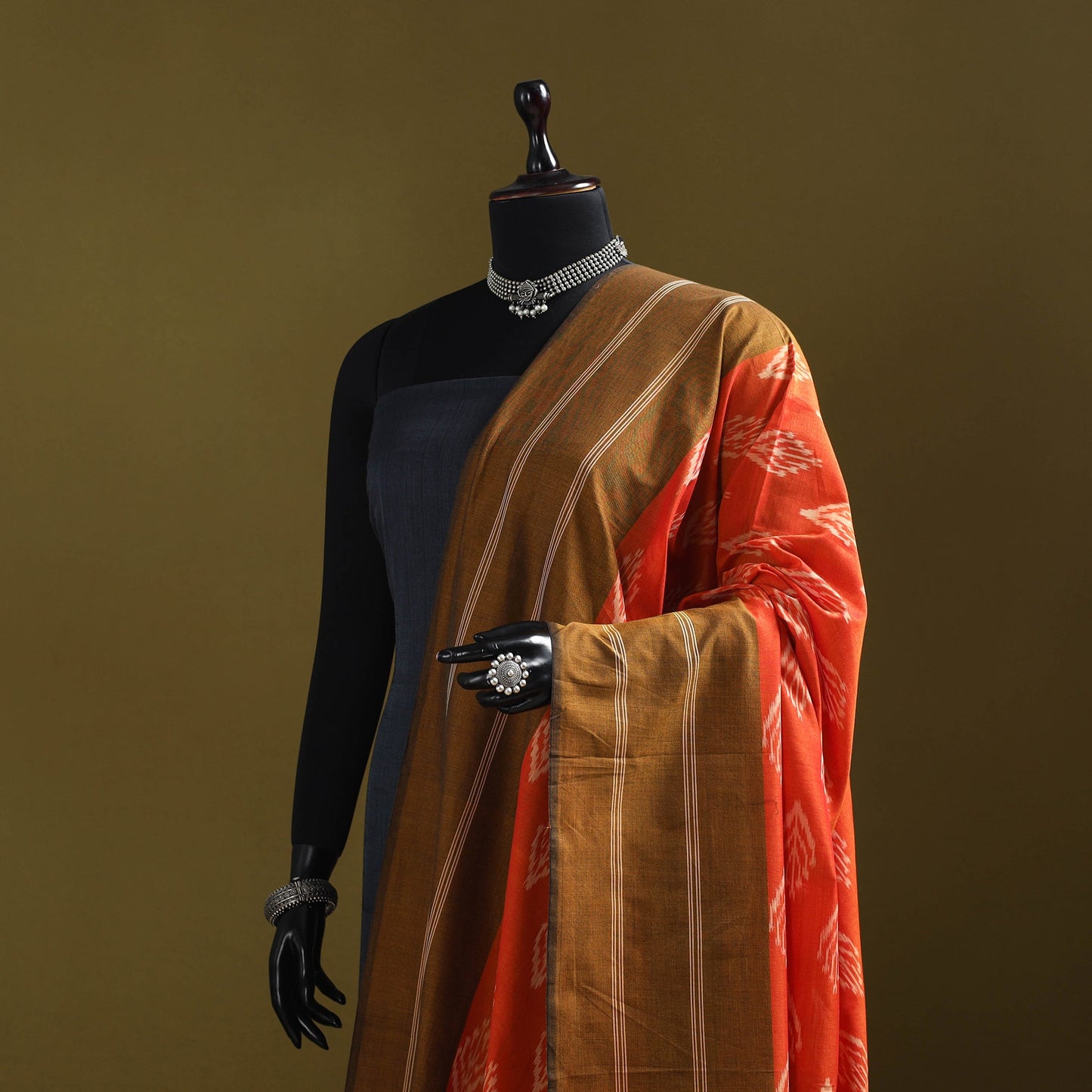 Orange - mercerised cotton pochampally ikat dupatta 10