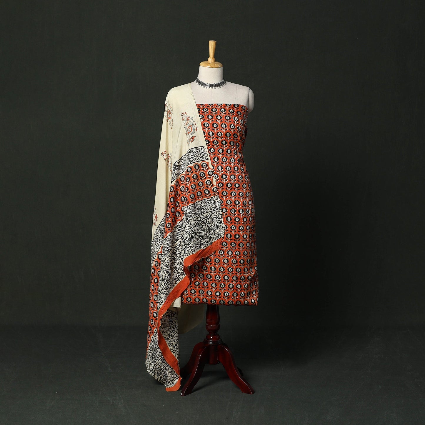 Modal silk hand block bagru print 3pc unstitched dress
