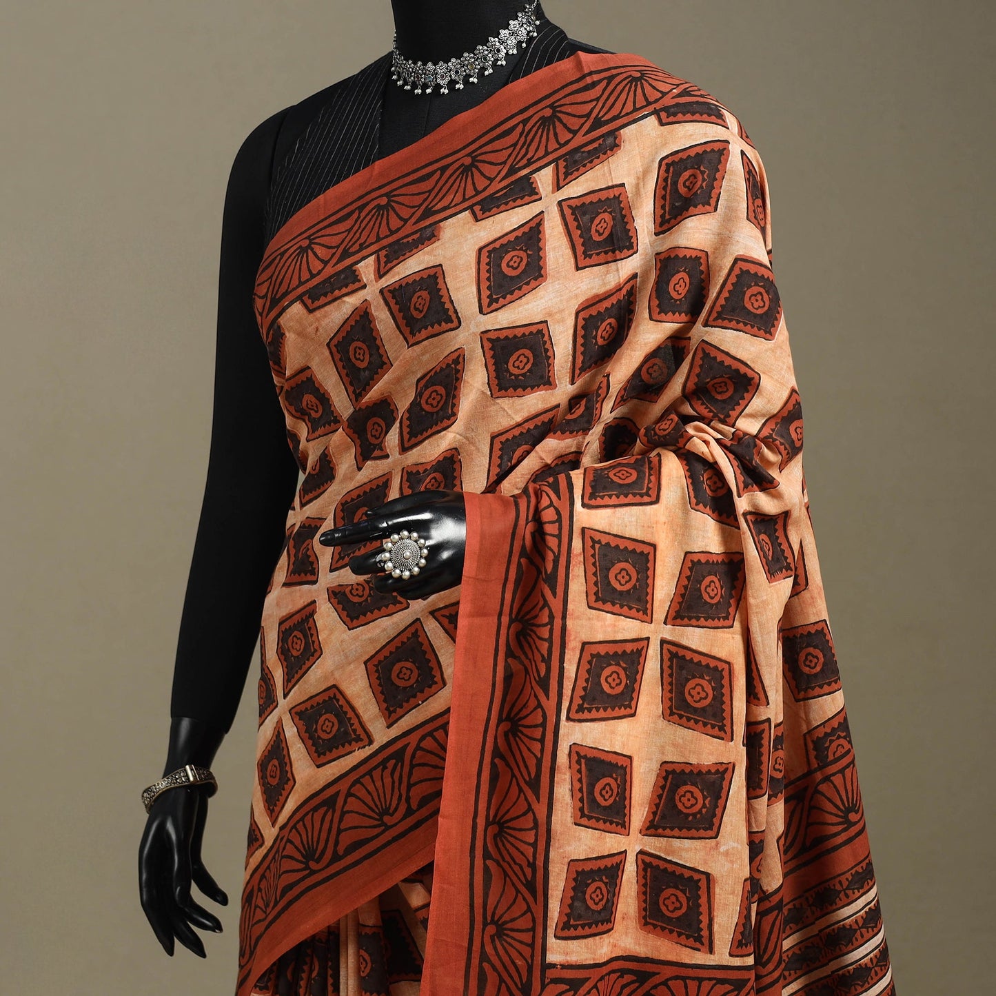 Orange - mul cotton bagru saree 03 - handcrafted