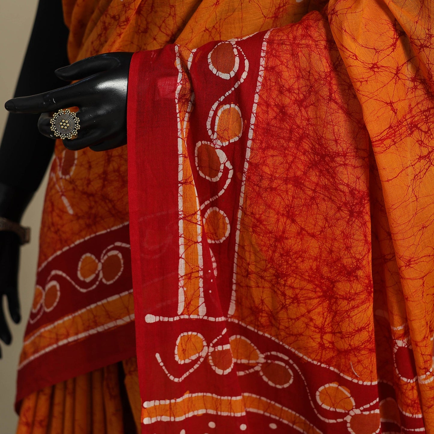 Orange - mul cotton figure work hand batik saree 01