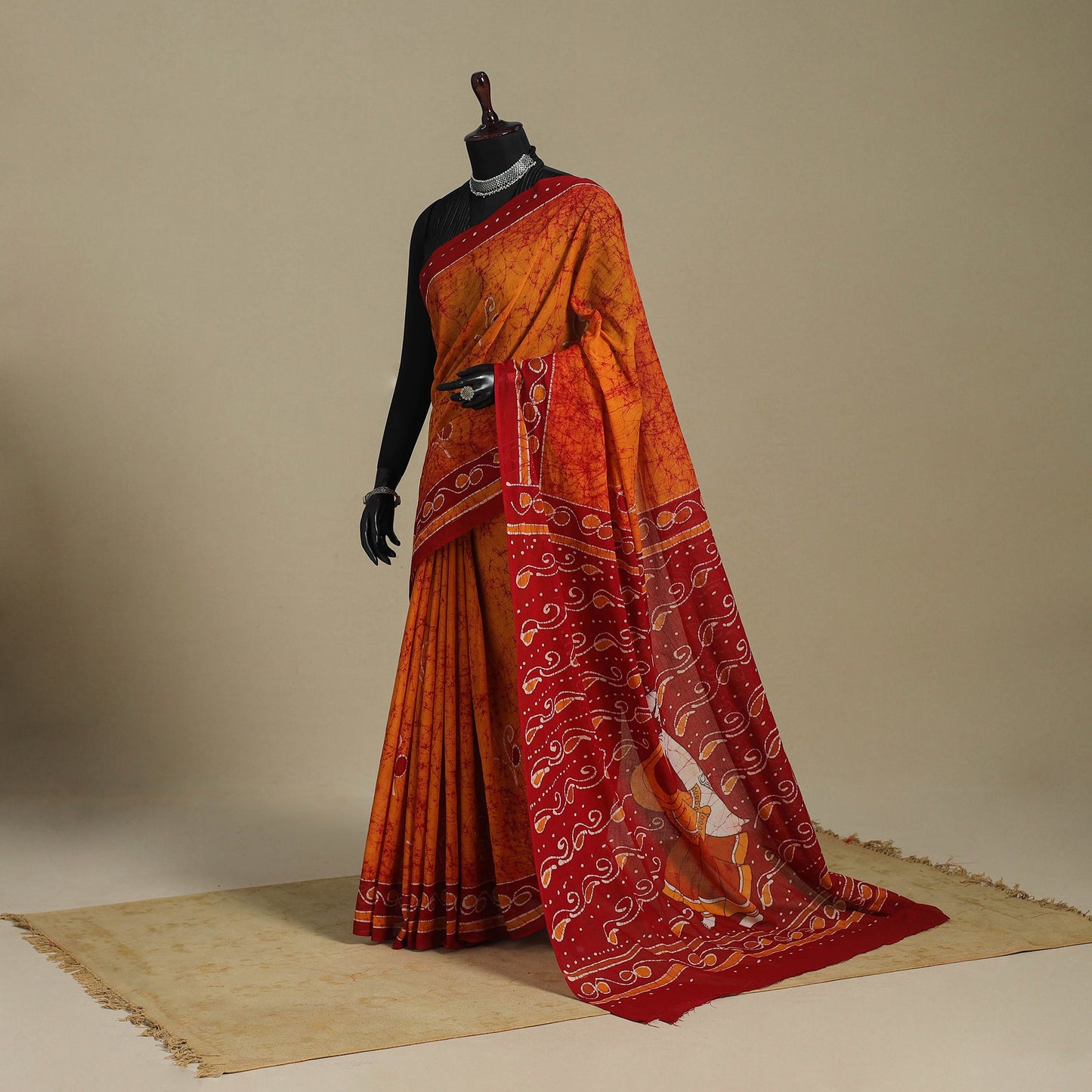 Orange - mul cotton figure work hand batik saree 01