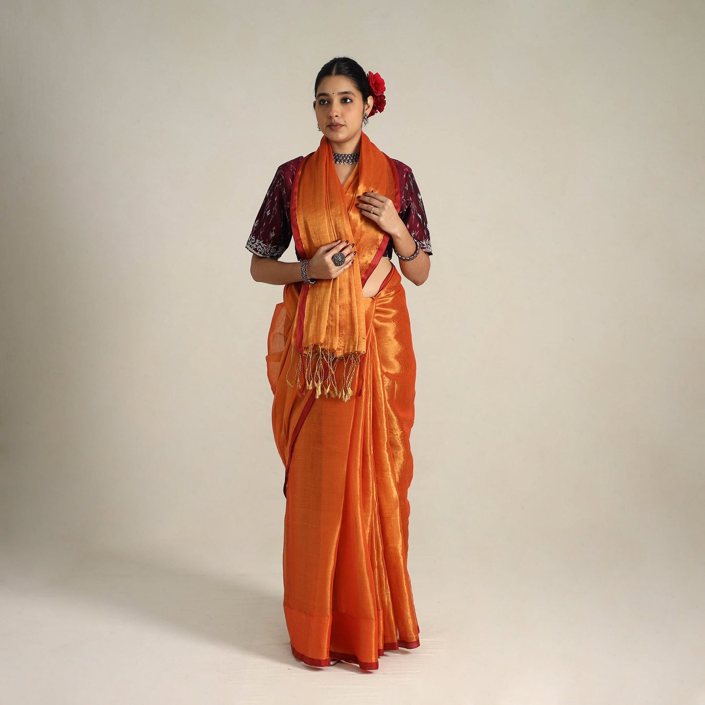 Mul Tissue Zari Orange Bengal Saree with Embroidered Blouse