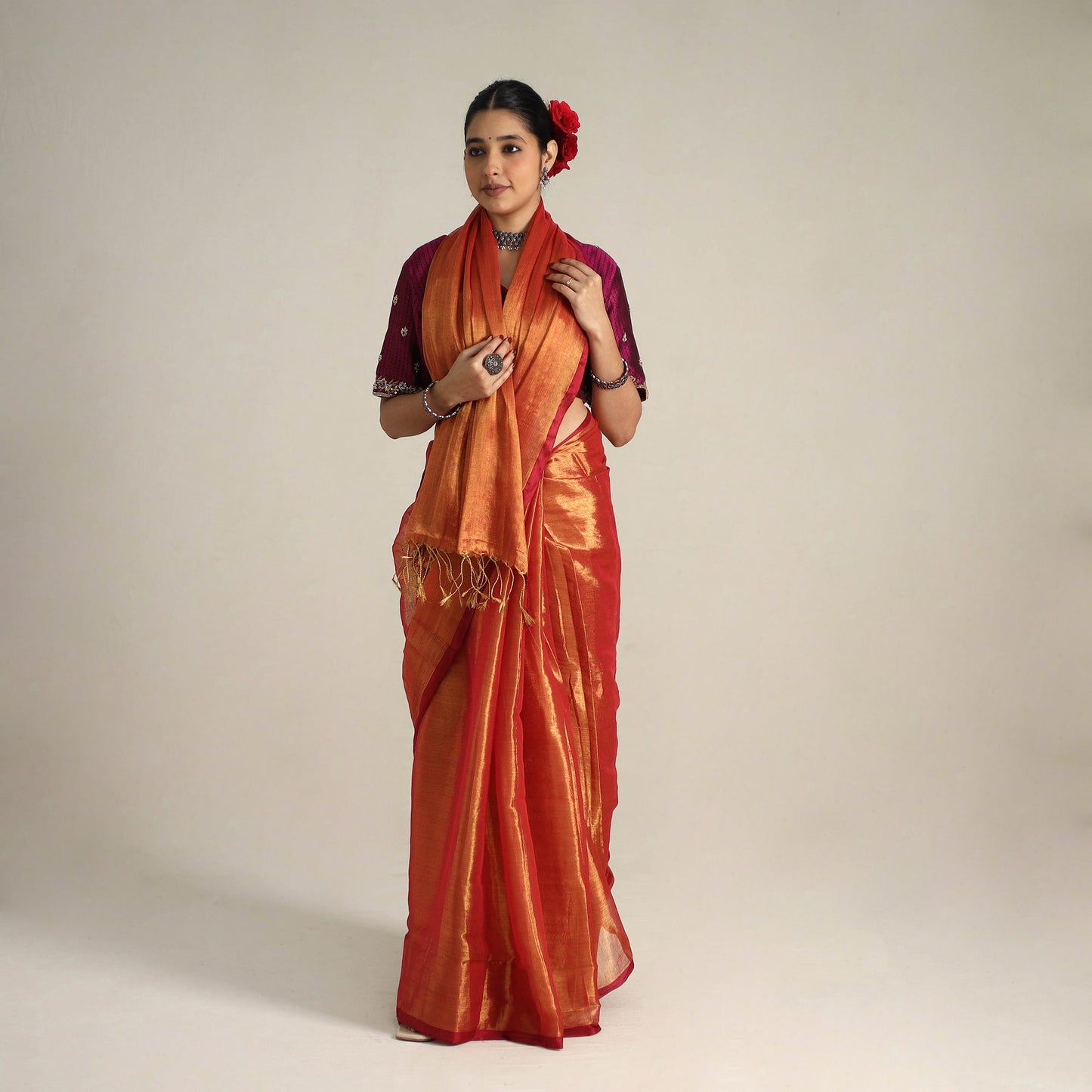 Mul Tissue Zari Orange Bengal Saree with Embroidered Blouse