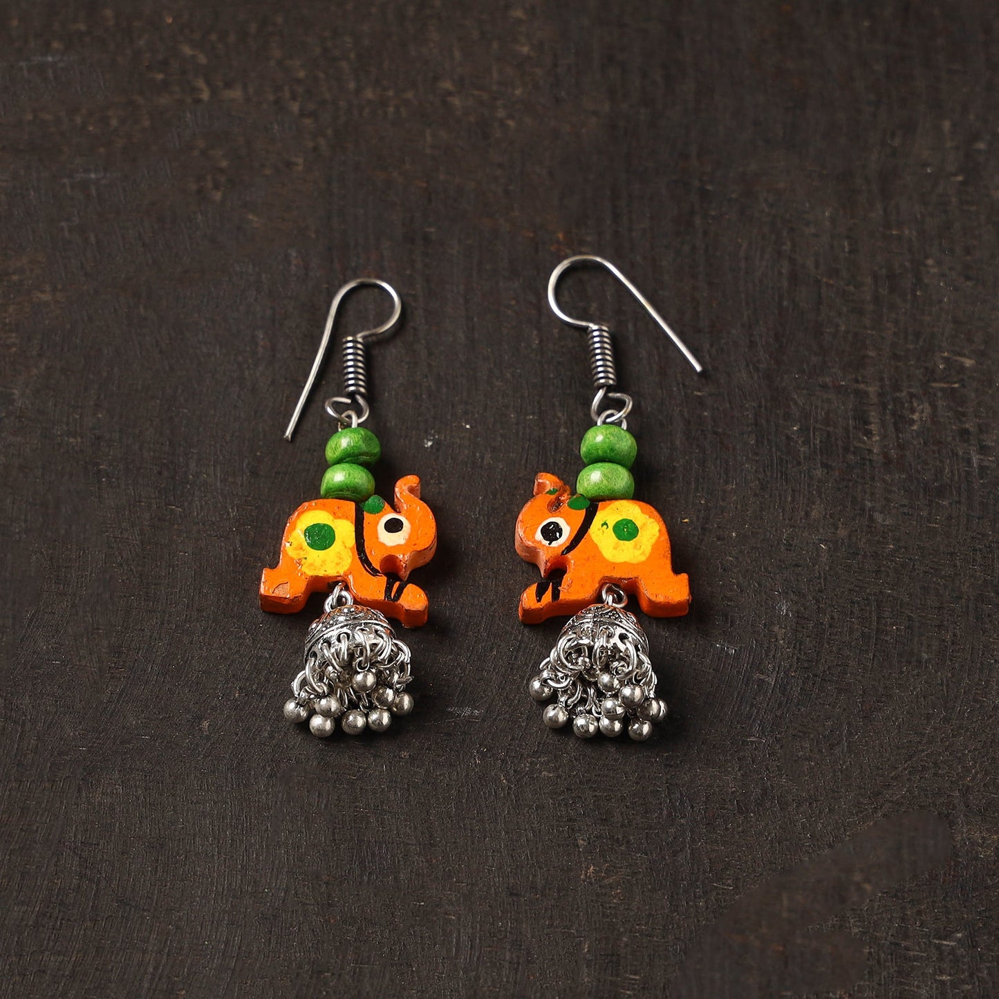 Orange - naaz german silver jhumki earrings with wooden