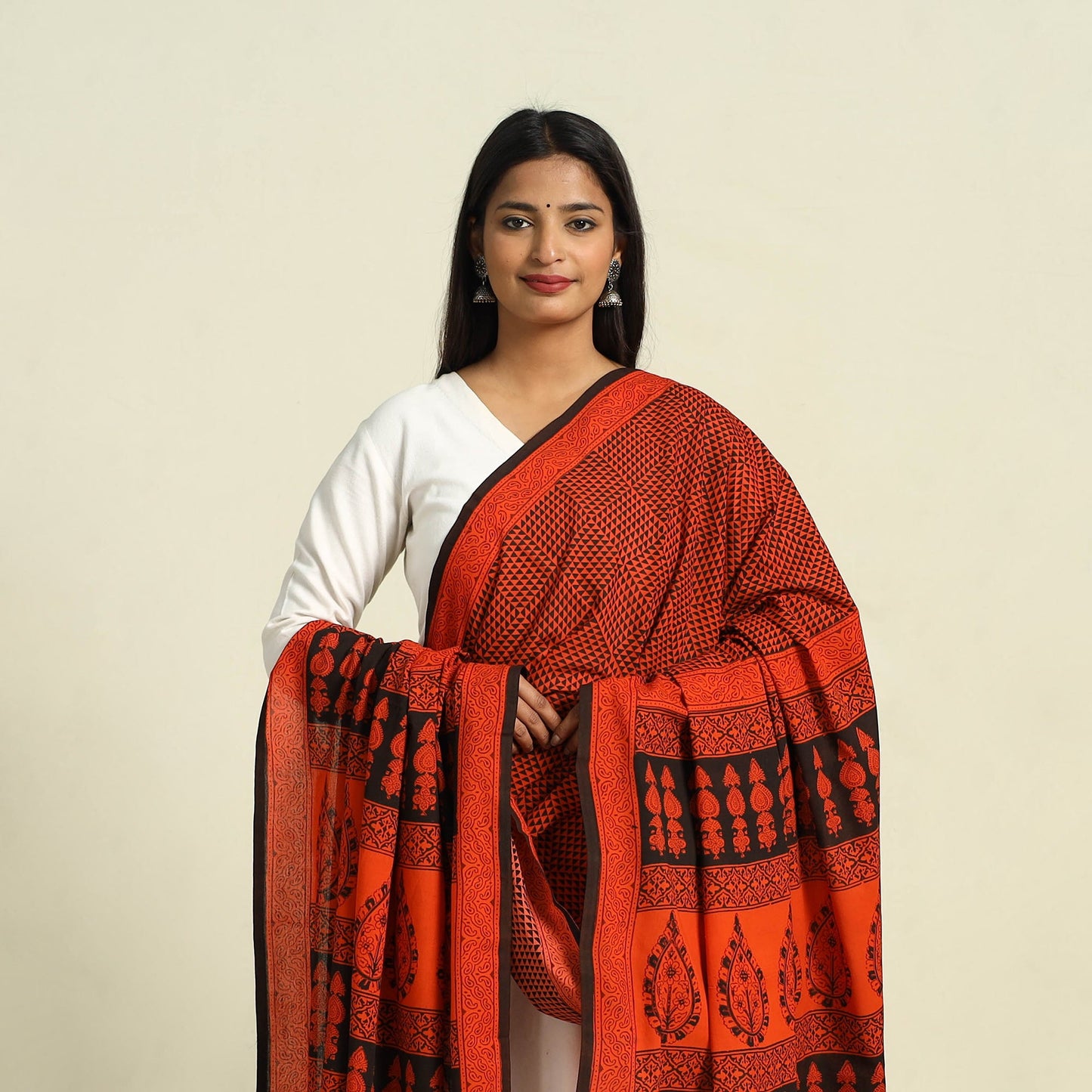 Orange Natural Dye Mul Cotton Bagh Print Dupatta