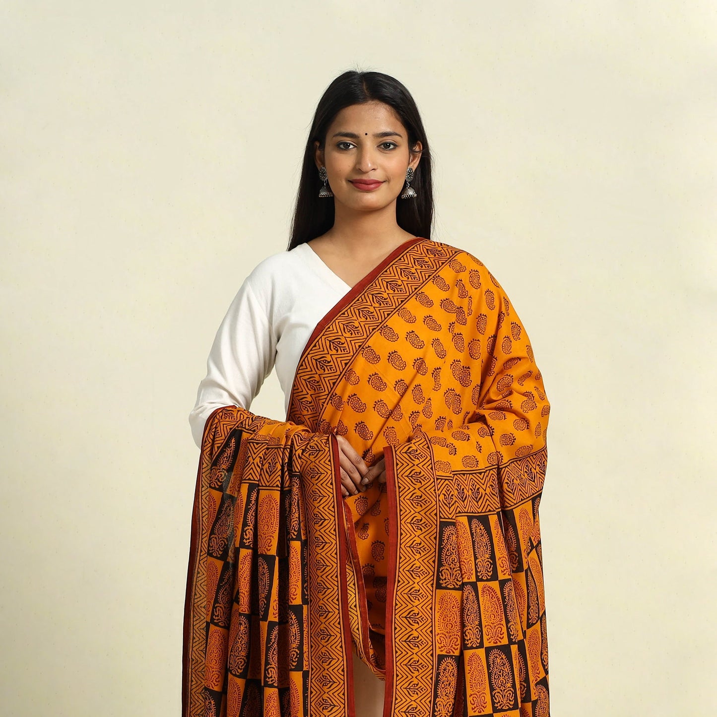 Orange Natural Dye Mul Cotton Bagh Print Dupatta