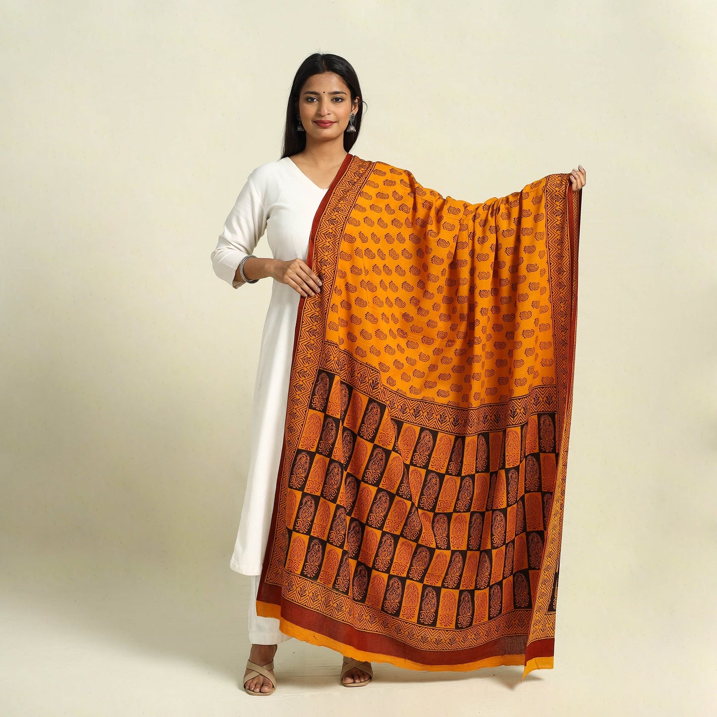 Orange Natural Dye Mul Cotton Bagh Print Dupatta