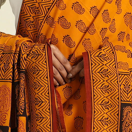 Orange Natural Dye Mul Cotton Bagh Print Dupatta