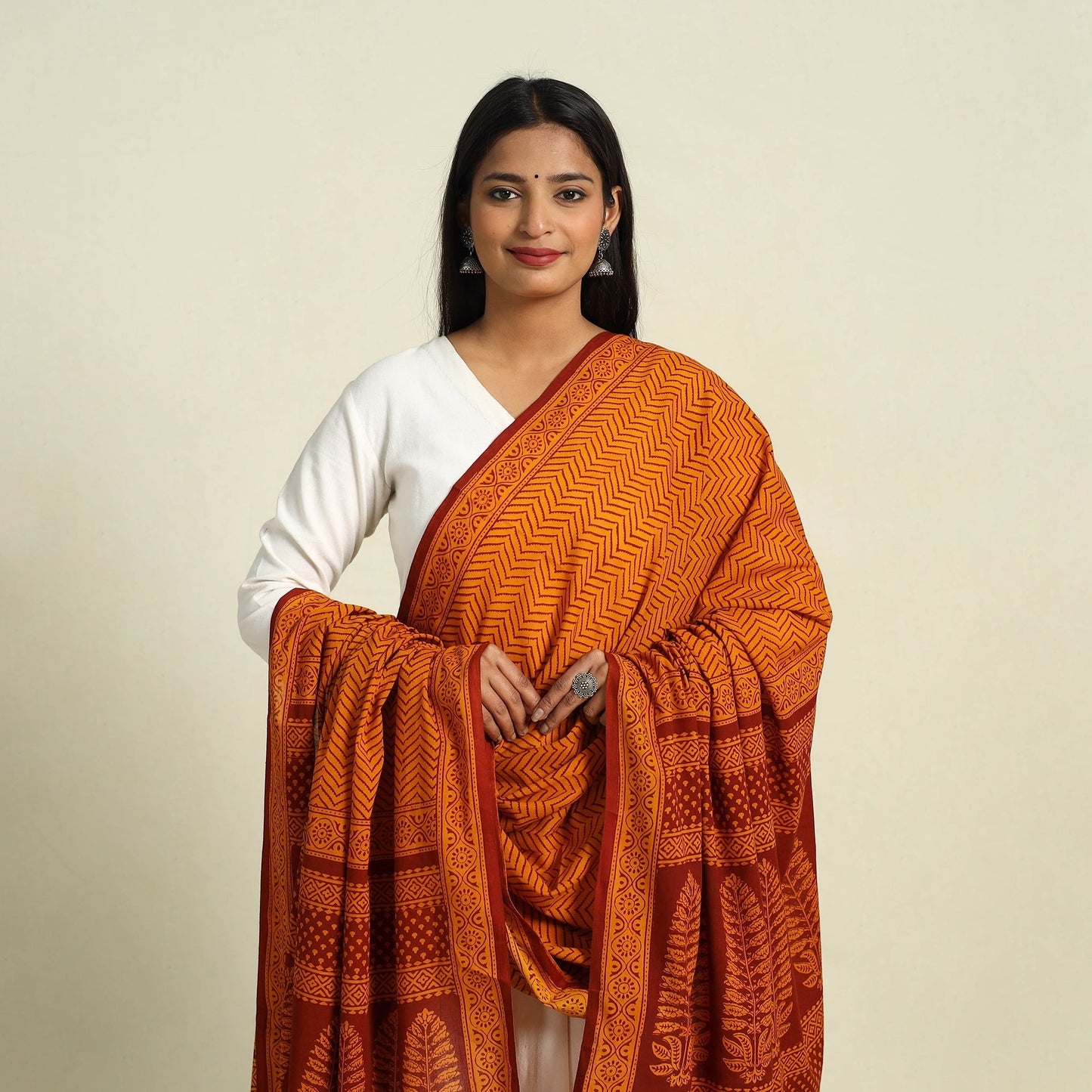 Orange Natural Dye Mul Cotton Bagh Print Dupatta