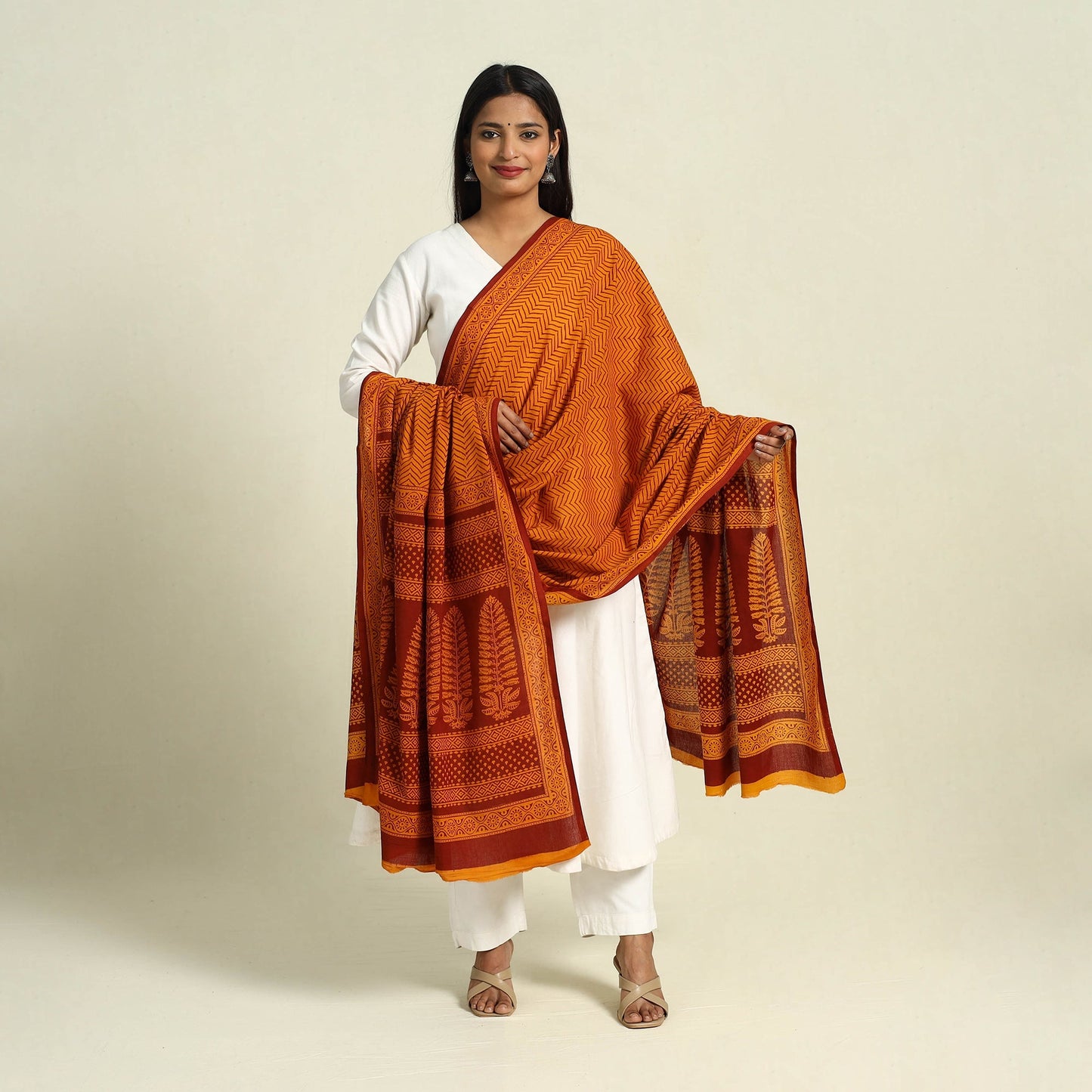Orange Natural Dye Mul Cotton Bagh Print Dupatta