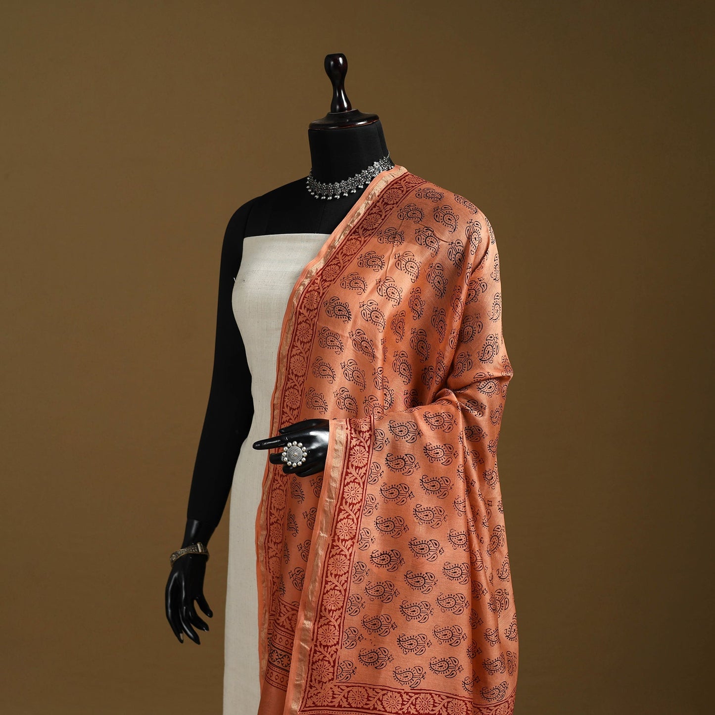 Orange - natural dyed printed chanderi silk bagh dupatta 45