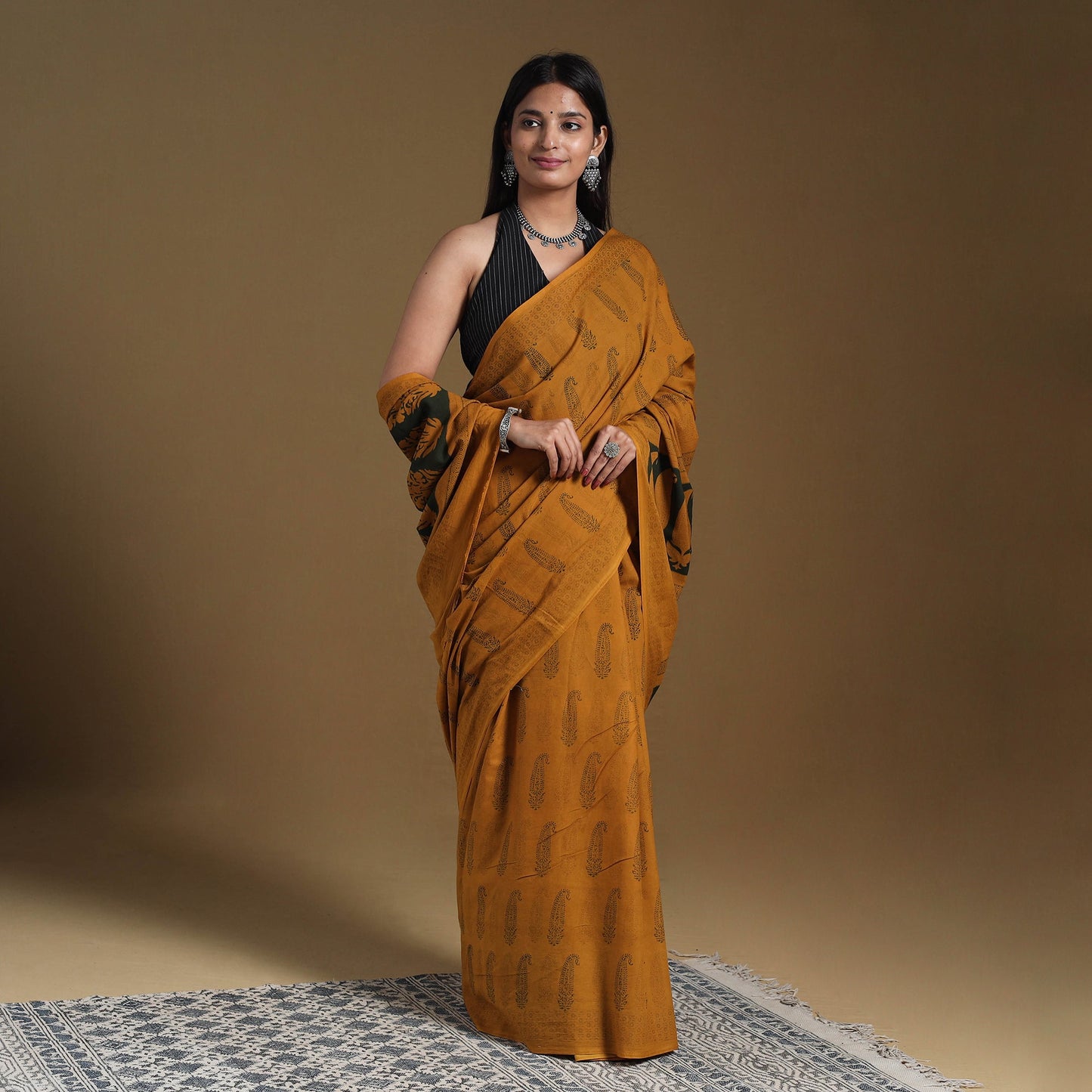 Orange Block Print Natural Dyed Cotton Bagh Saree