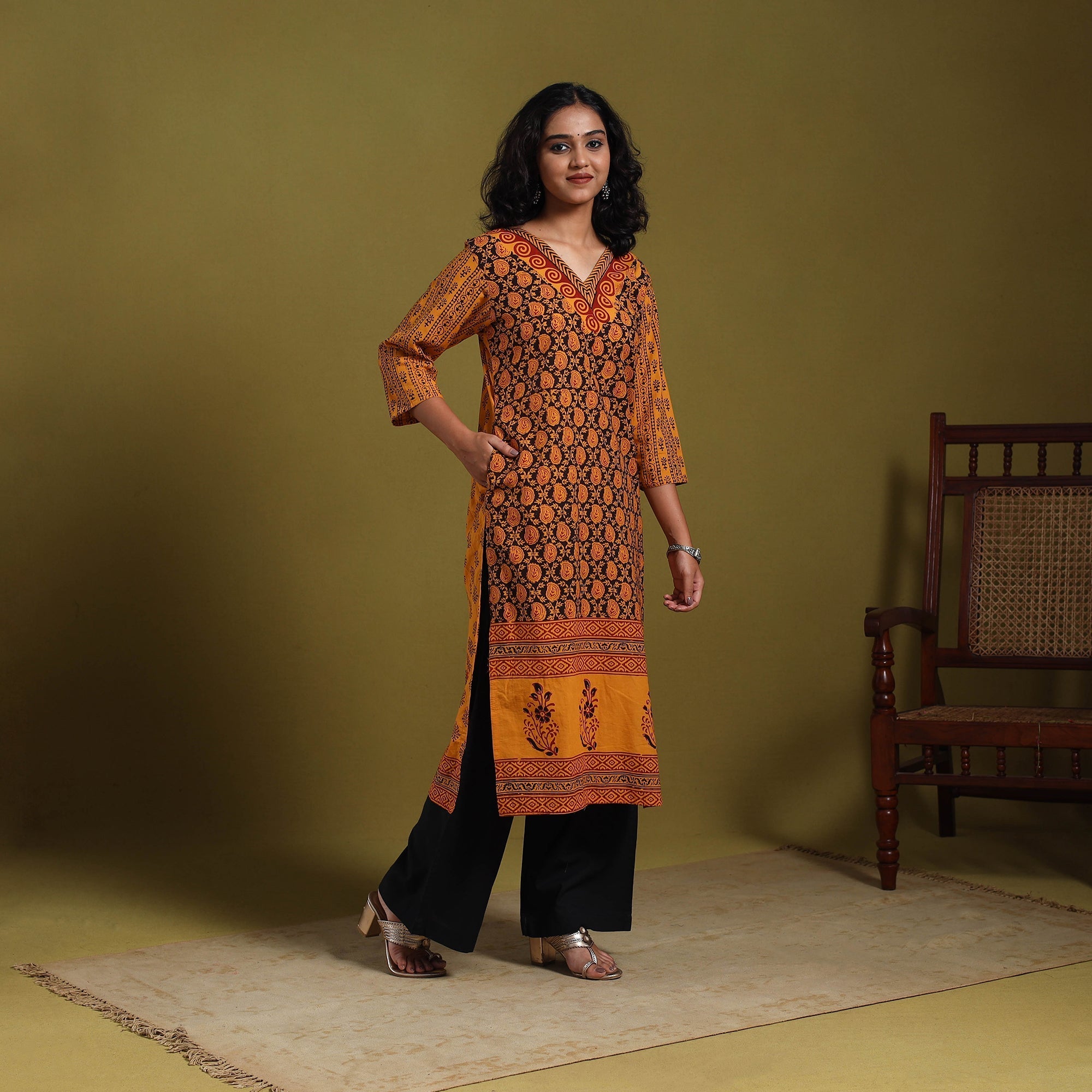 Orange - Natural Dyed Cotton Straight Bagh Print Kurta 06