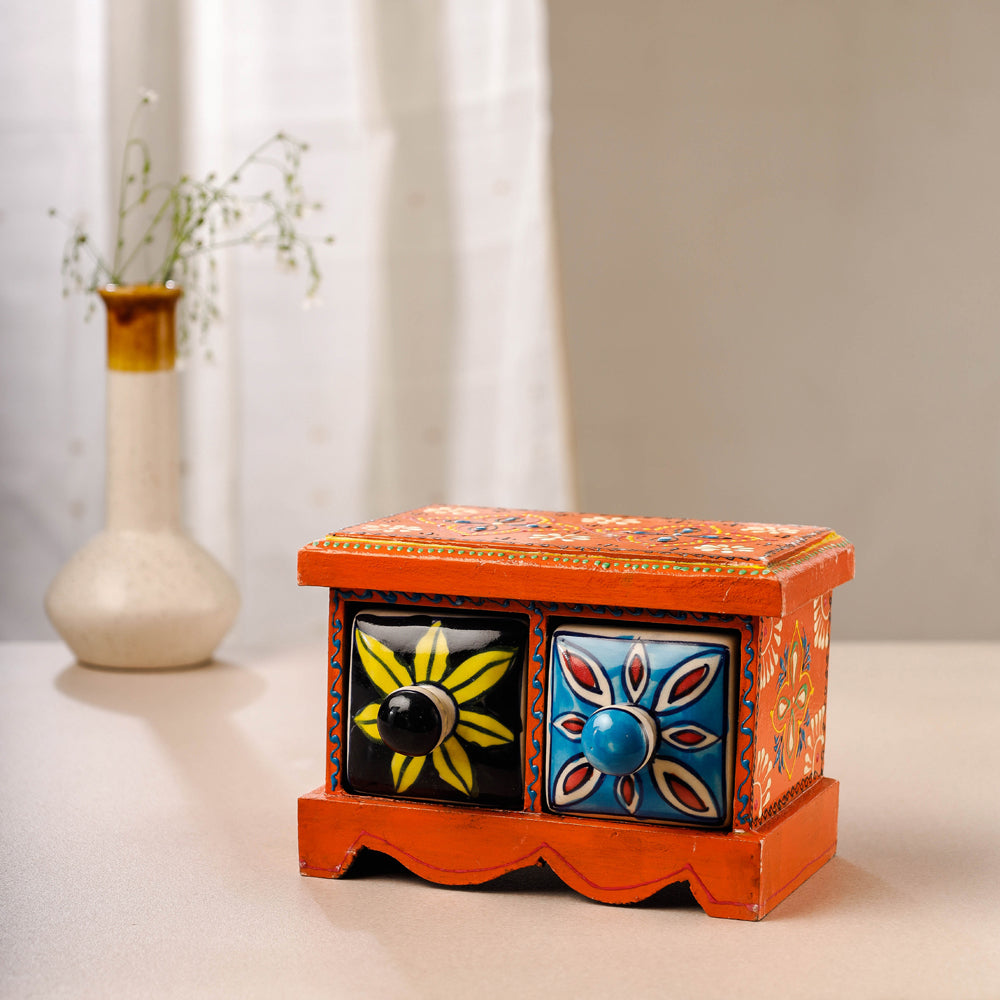 Neem Wood Hand Painted Blue Pottery Ceramic Double Drawer