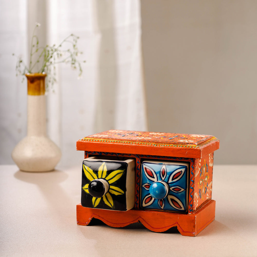 Neem Wood Hand Painted Blue Pottery Ceramic Double Drawer