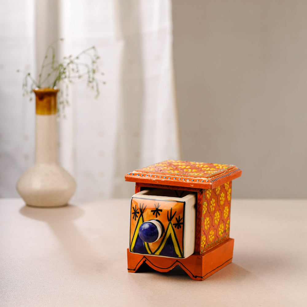 Neem Wood Hand Painted Blue Pottery Ceramic Single Drawer