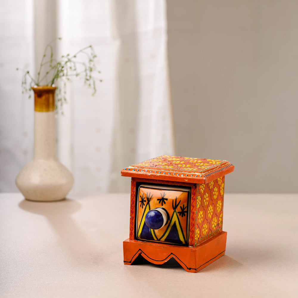 Neem Wood Hand Painted Blue Pottery Ceramic Single Drawer