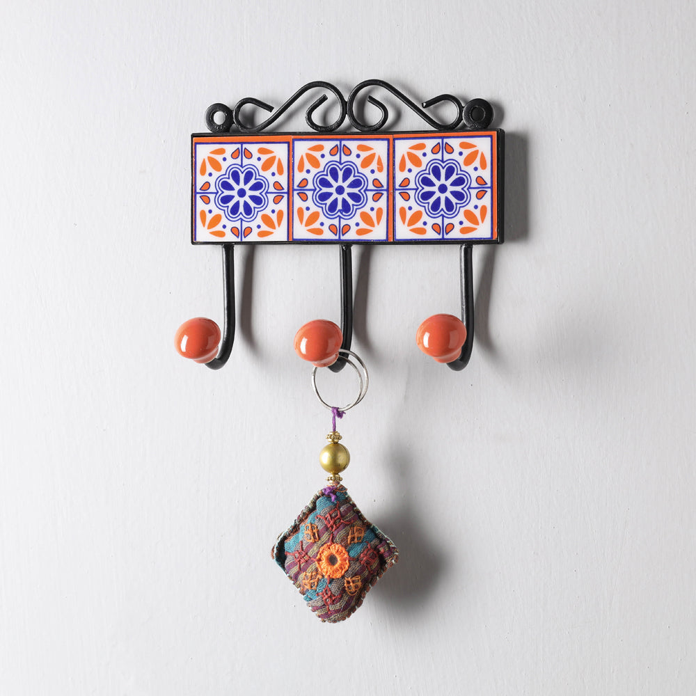 Original Blue Pottery Ceramic Tile Wall Hook Hanger (3 Peg)