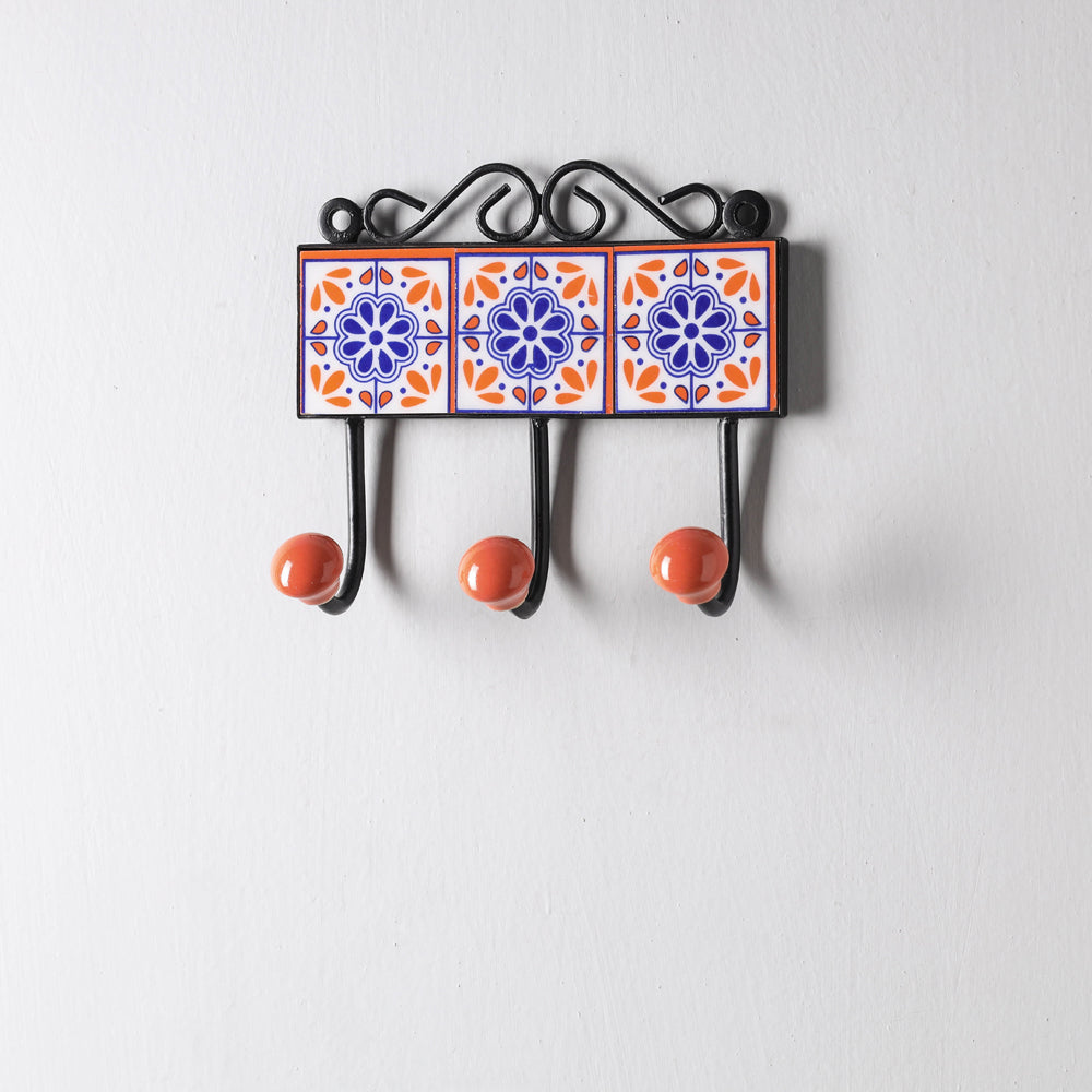 Original Blue Pottery Ceramic Tile Wall Hook Hanger (3 Peg)