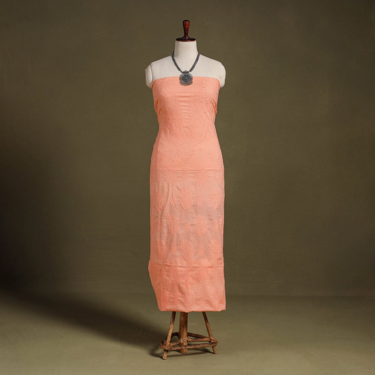 Peach Chikankari Hand Embroidery Mul Cotton Kurta Material