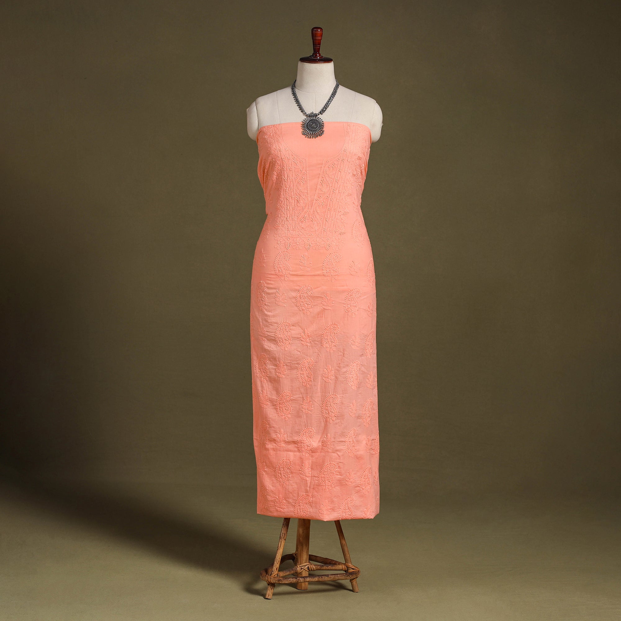 Orange - Peach - Chikankari Hand Embroidery Mul Cotton Unstitched Kurta Material 71